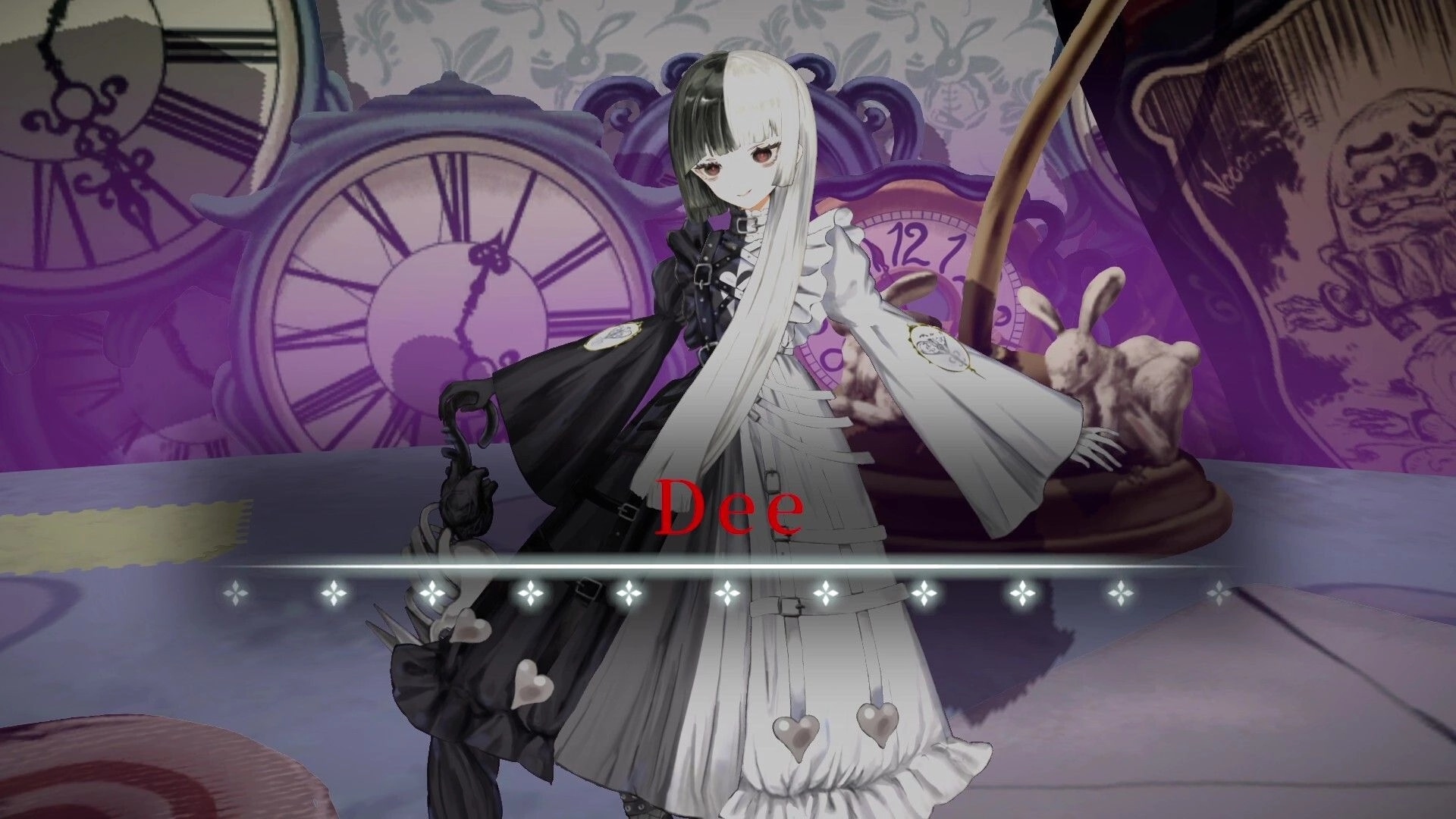 CRYMELIGHT: Dee character reveal with name text and progress bar in a surreal clock-filled backdrop.