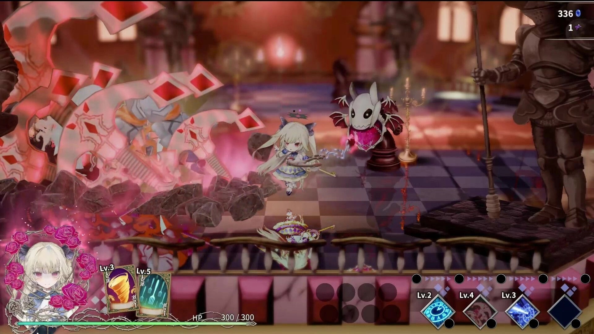 CRYMELIGHT: Chibi girl casts pink magic at a masked foe in a candlelit castle hall, skill UI below.