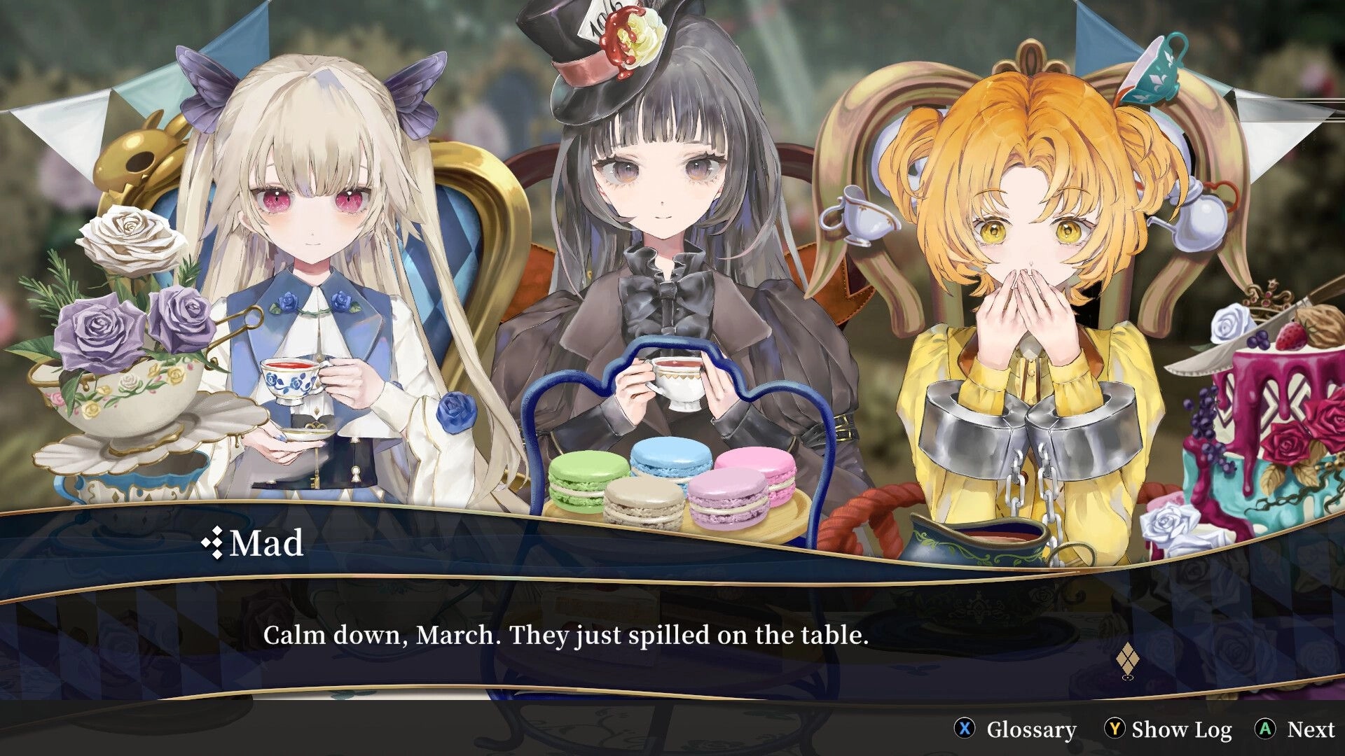 CRYMELIGHT: Visual novel dialogue scene with three girls at a tea table, macarons and cakes UI text box.