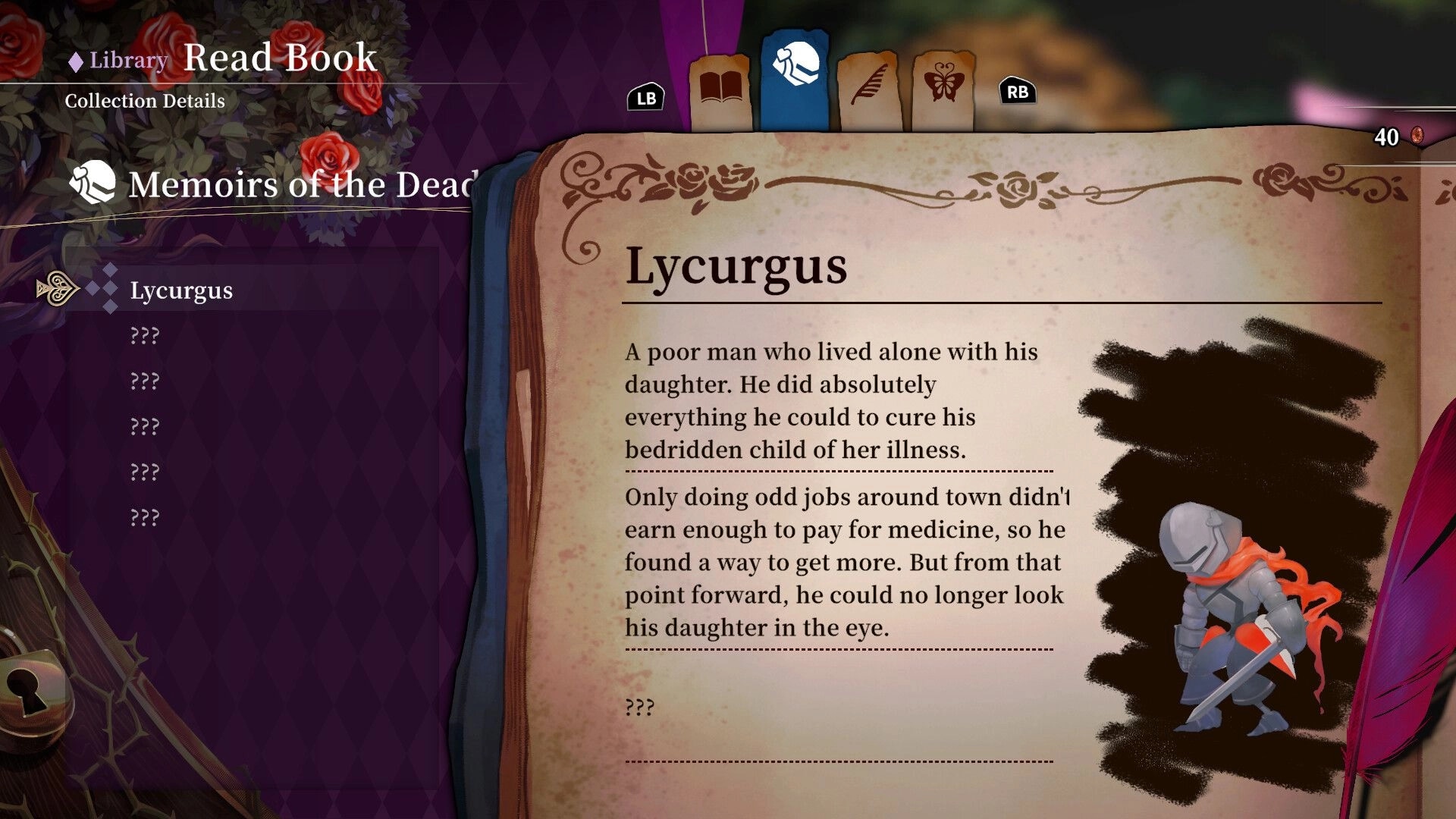 CRYMELIGHT: Library Read Book menu on Lycurgus memoir page with text and armored figure icon.