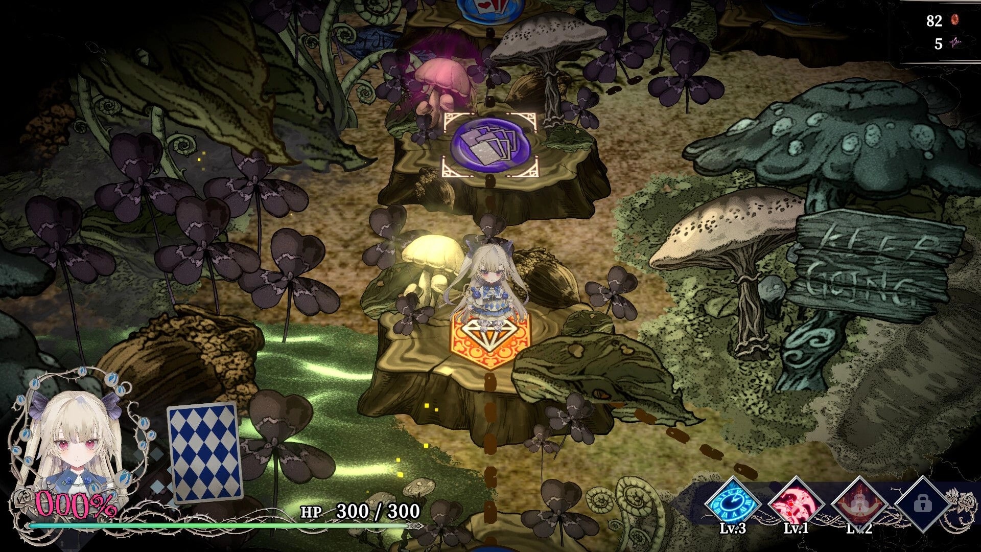 CRYMELIGHT: Chibi girl stands on a card tile in a mushroom grove, HP 300/300 and skill icons visible.