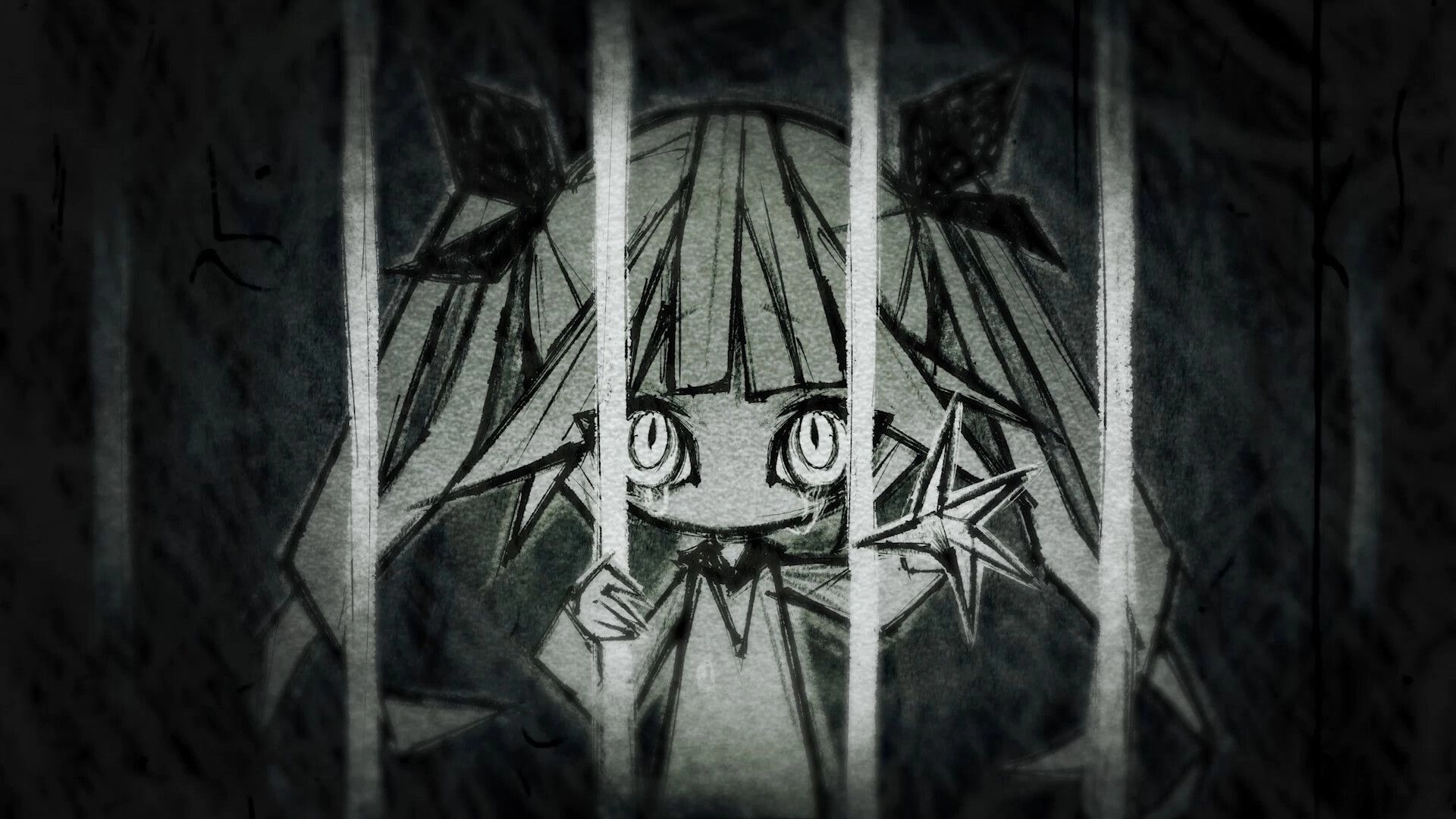 CRYMELIGHT: Monochrome illustration of a wide-eyed girl behind prison bars in a dark vignette backdrop.