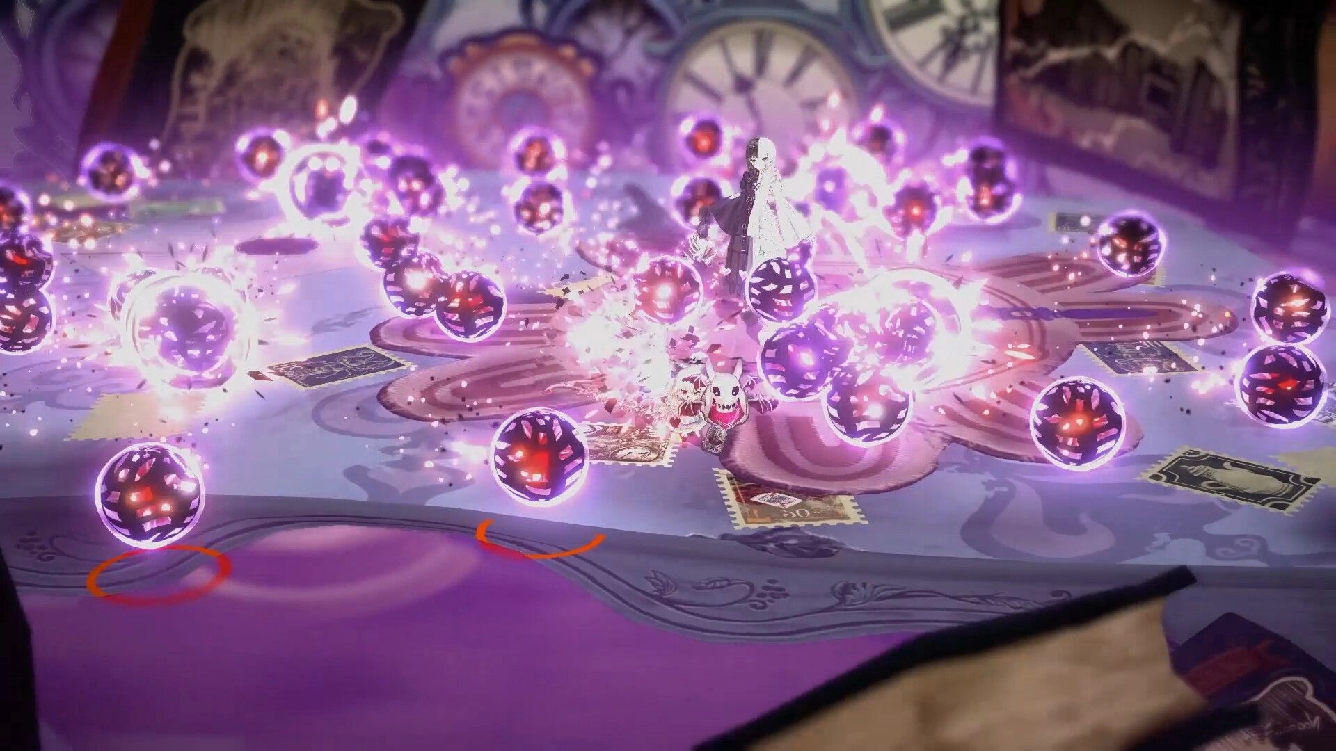 CRYMELIGHT: Girl unleashes purple orb barrage at a small foe on a tabletop map with cards and clocks.
