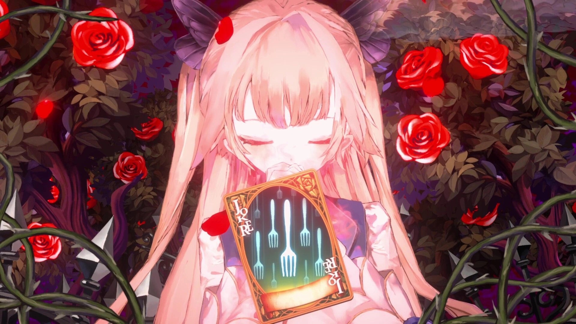 CRYMELIGHT: Close-up girl with eyes closed holding a Joker card amid red roses and thorny vines.