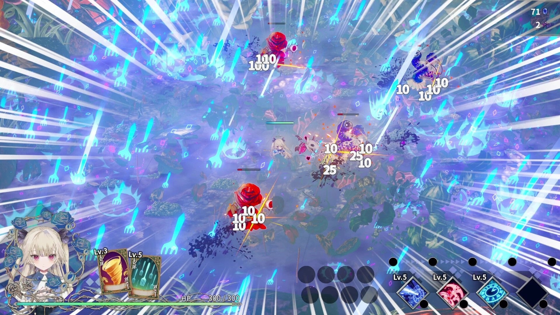 CRYMELIGHT: Player unleashes blue hand barrage on enemies, damage numbers fill a misty forest arena.
