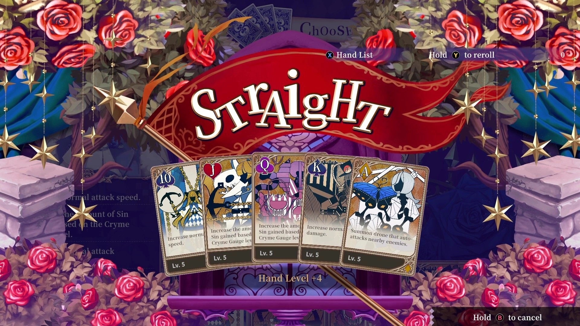 CRYMELIGHT: Straight card selection UI with five Lv.5 cards shown on a rose-filled stage backdrop.