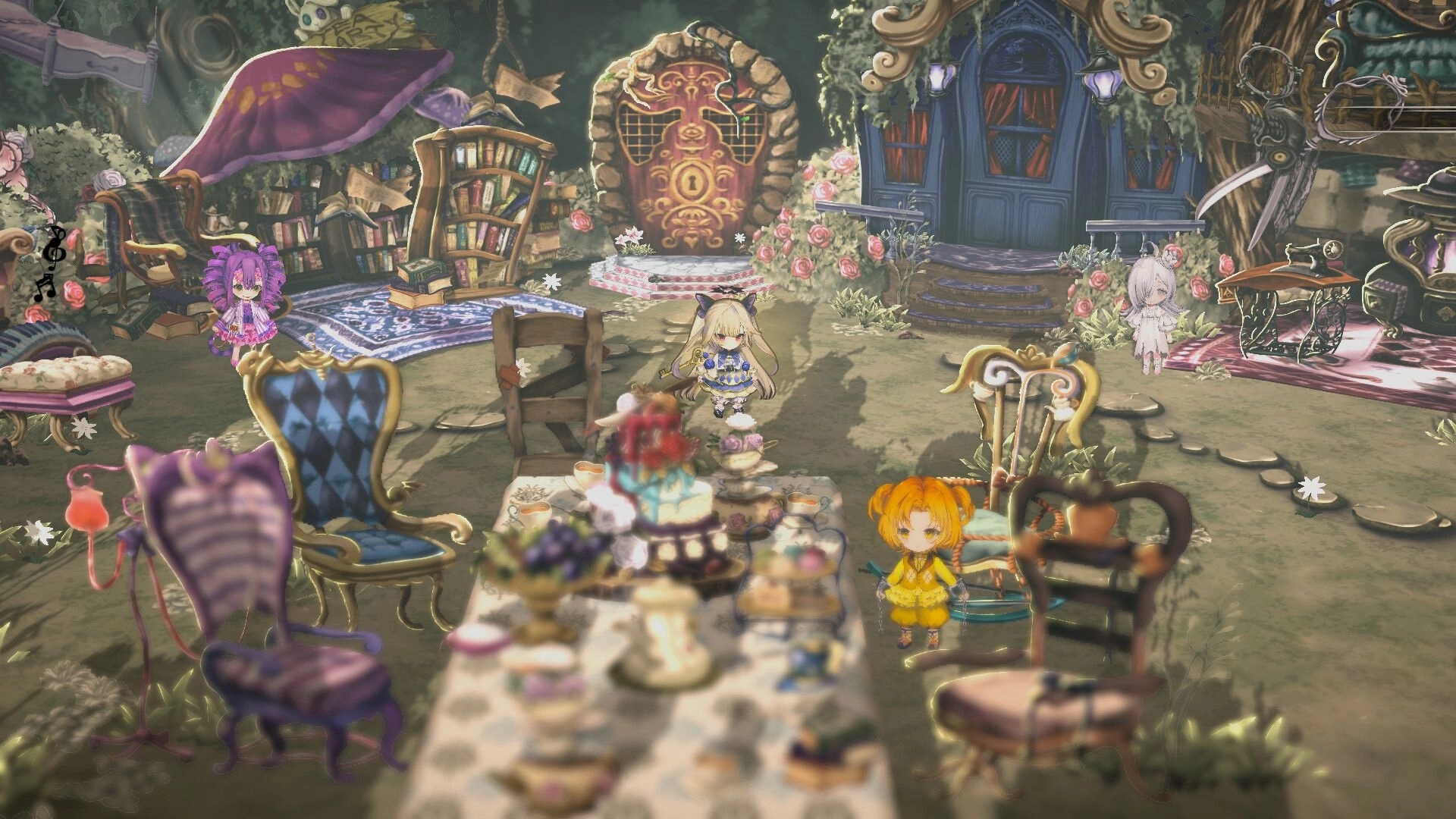 CRYMELIGHT: Chibi girls stand around a tea party table in a whimsical garden hub with doors and bookshelves.