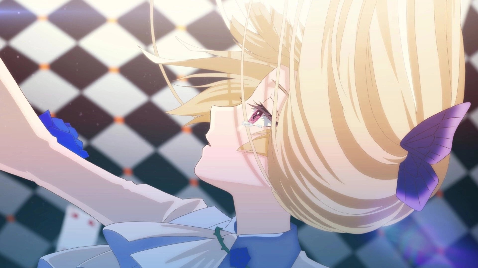 CRYMELIGHT: Close-up cutscene of blonde girl with a purple ribbon raising her arm, checkered backdrop.