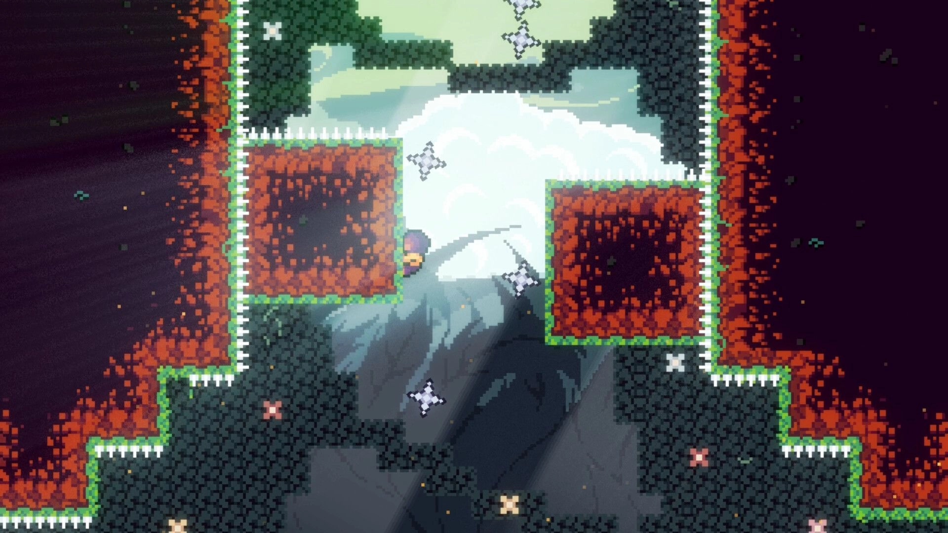 Cryorise: Heroine clings to a wall between spike-lined ledges in a rocky cavern with clouds below.