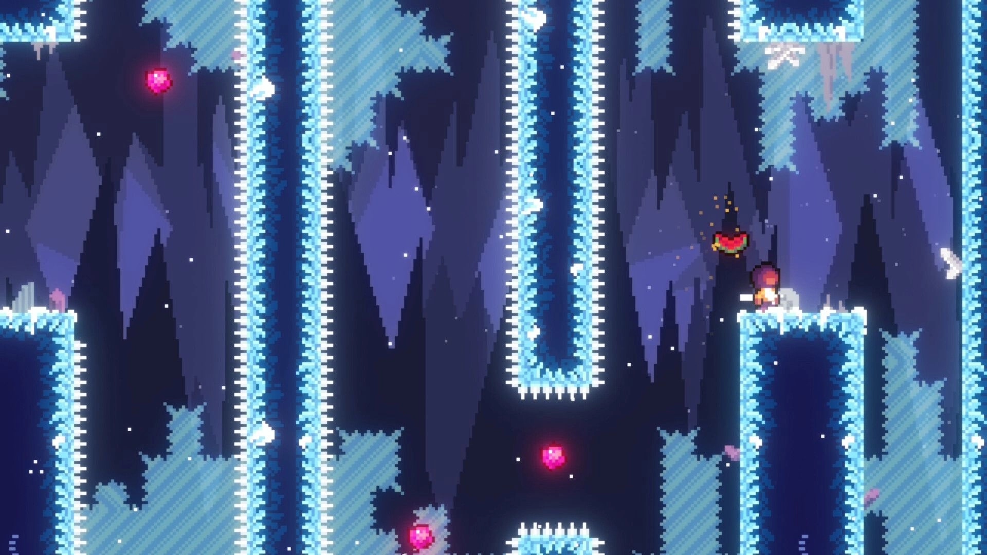 Cryorise: Heroine stands on icy ledge beside a flying enemy, spike-lined tunnels in a blue cave.