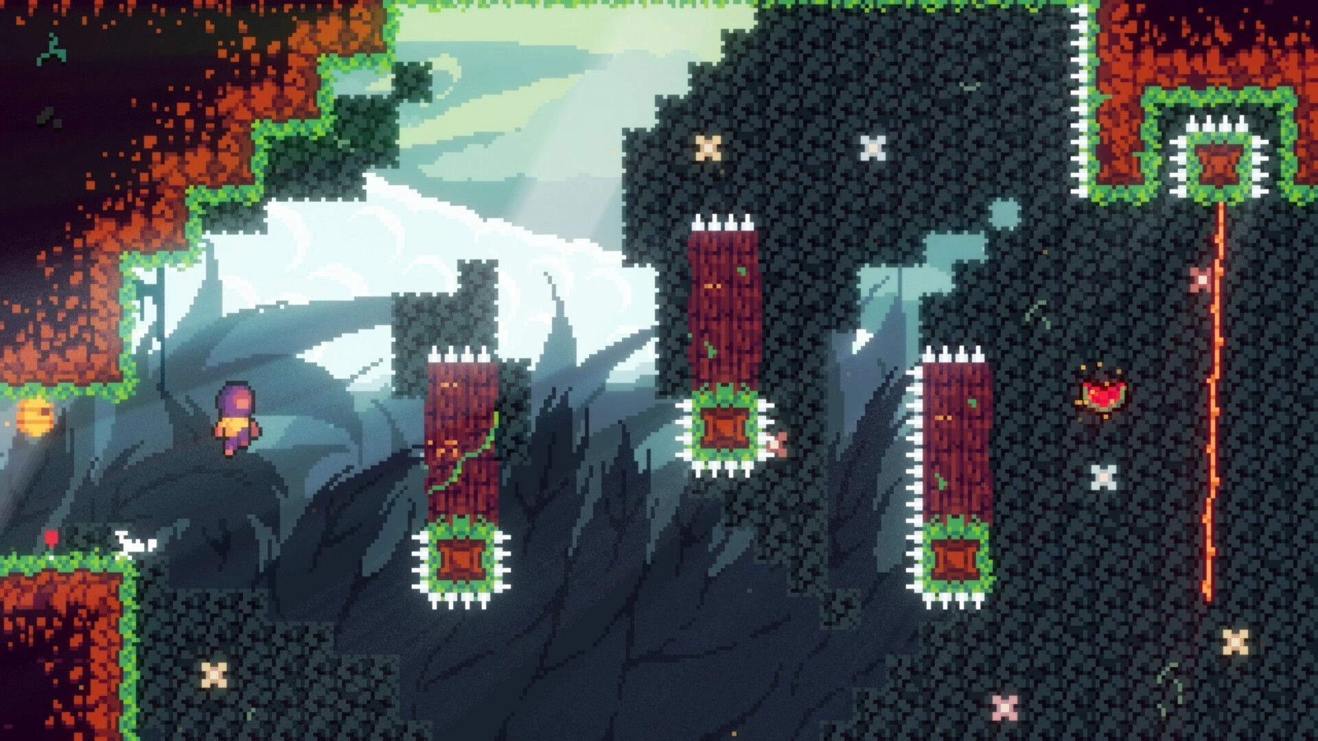 Cryorise: Heroine mid-jump past spike-lined pillars toward a heart pickup in a misty cavern level.