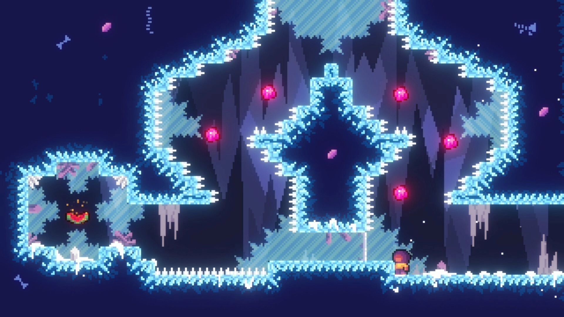 Cryorise: Heroine stands by icy spikes and pink orbs in a frosty cavern platforming level.