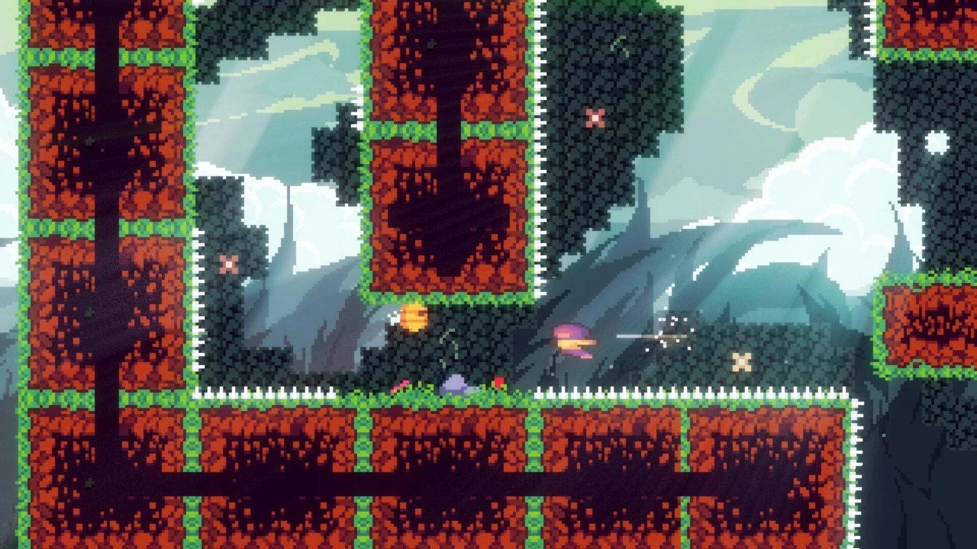 Cryorise: Heroine dashes over spike floor past hazards in mossy brick cavern with cloudy sky backdrop.