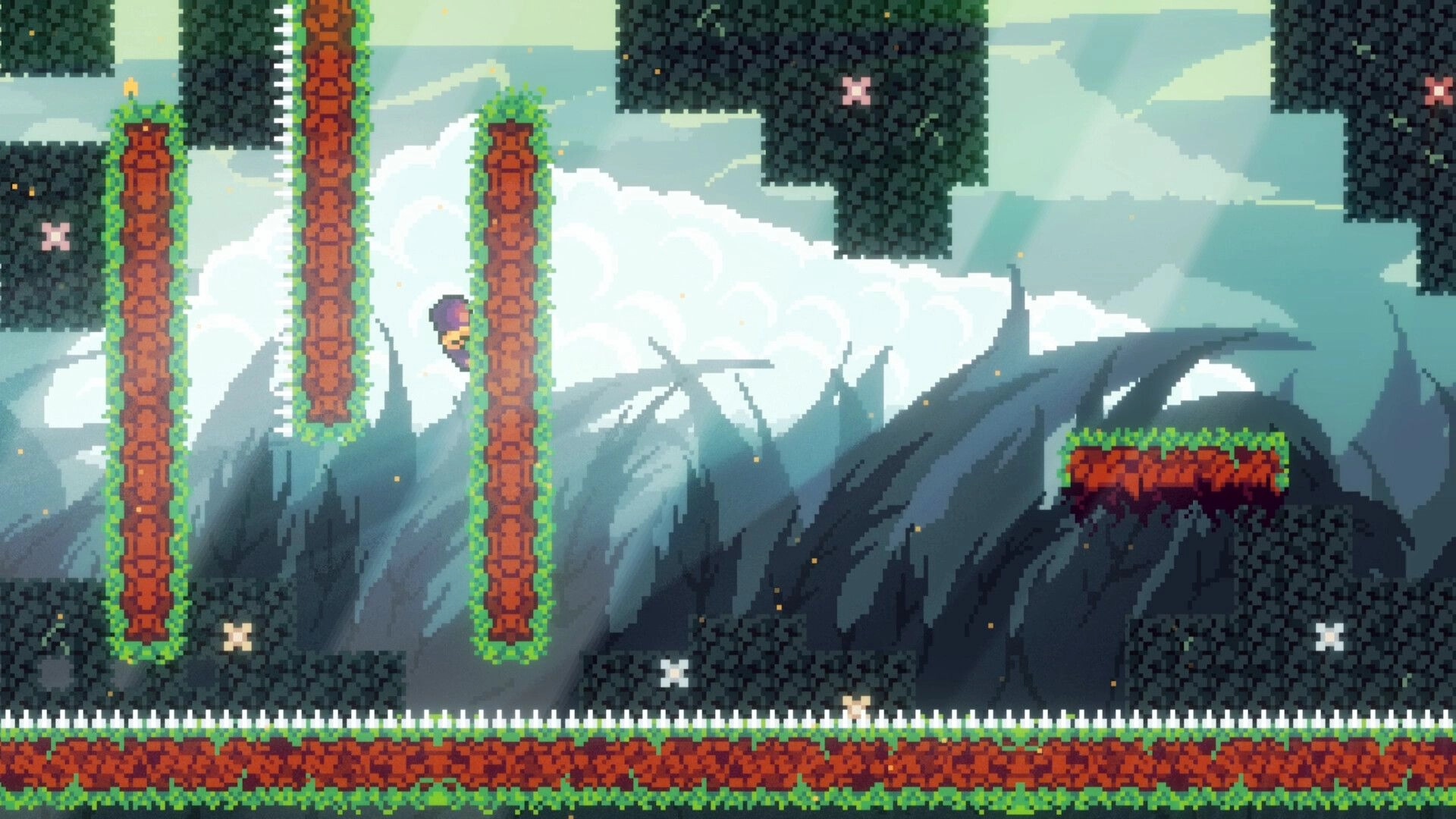 Cryorise: Heroine clings between mossy pillars above spike floor in misty mountain ruins backdrop.