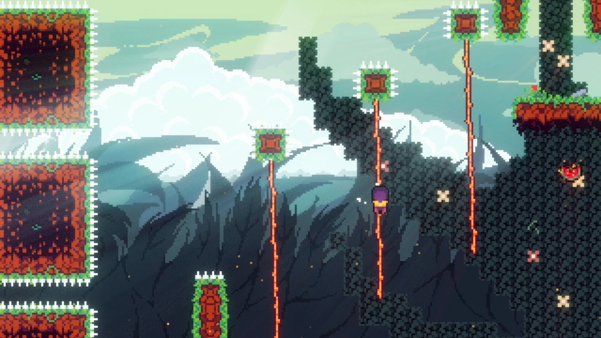 Cryorise: Purple-clad heroine clings to hanging vines between spike traps in a cloudy mountain stage.