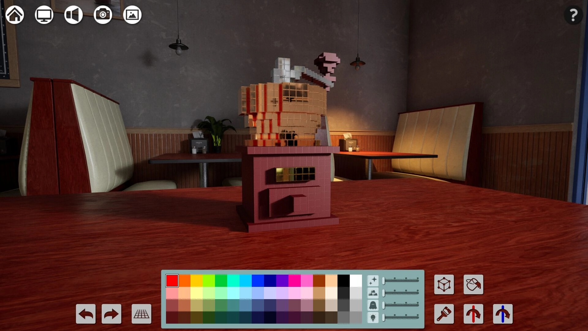 CrystalCanvas: Voxel sculpture on a diner table with color palette, brush and undo UI visible.