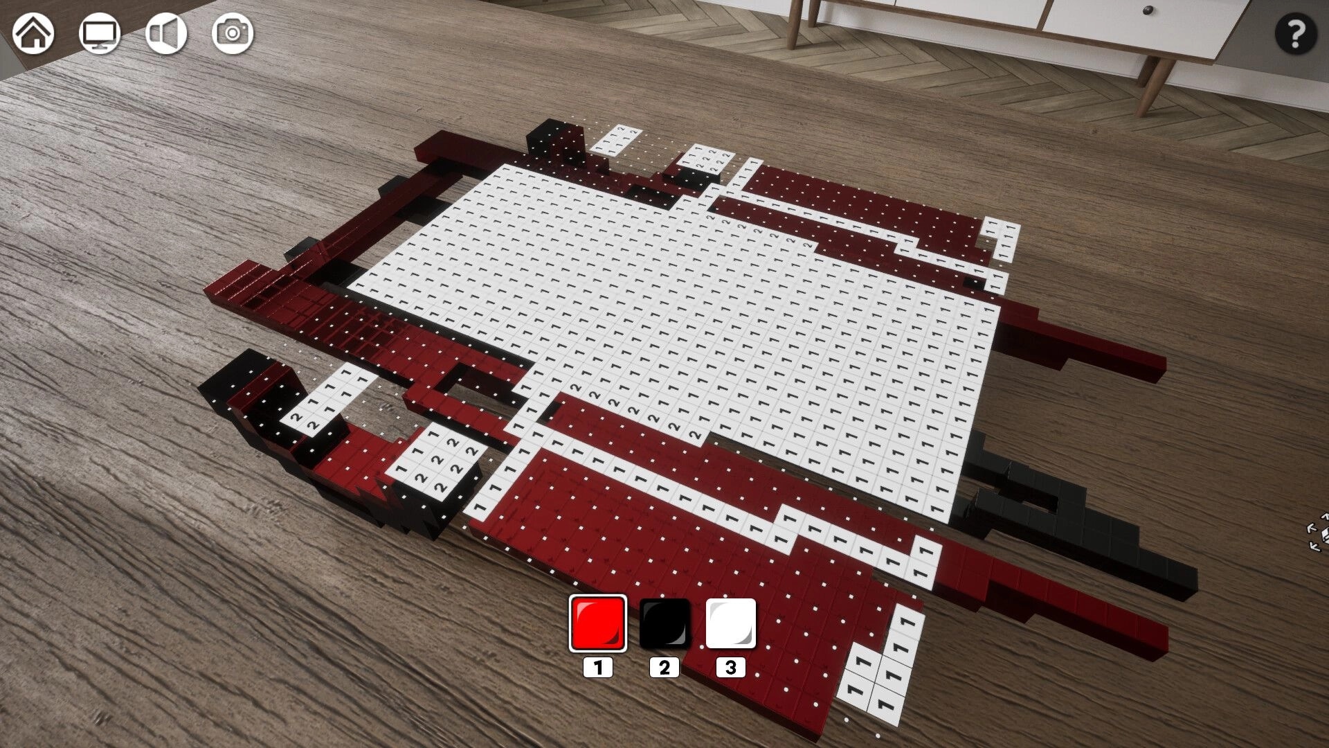 CrystalCanvas: Numbered voxel block artwork partly filled red and black on a wooden floor workspace.