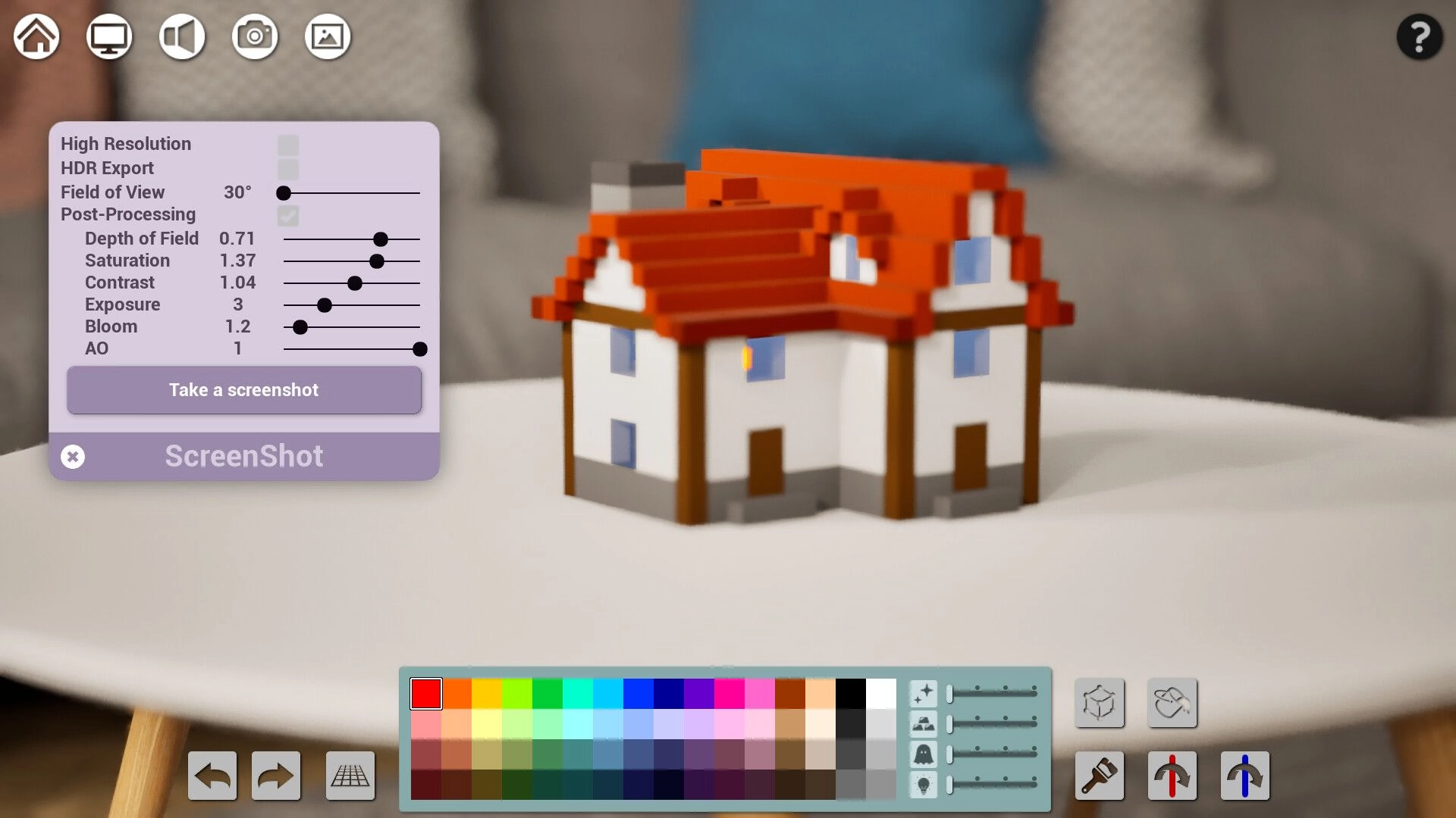 CrystalCanvas: Screenshot settings panel over a painted voxel house model on a tabletop studio scene.
