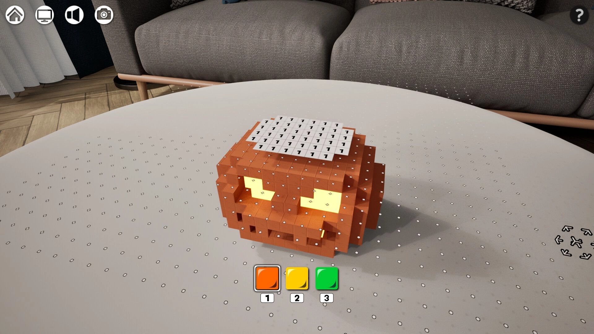 CrystalCanvas: Voxel pumpkin model with numbered blocks on a table, color palette UI below.