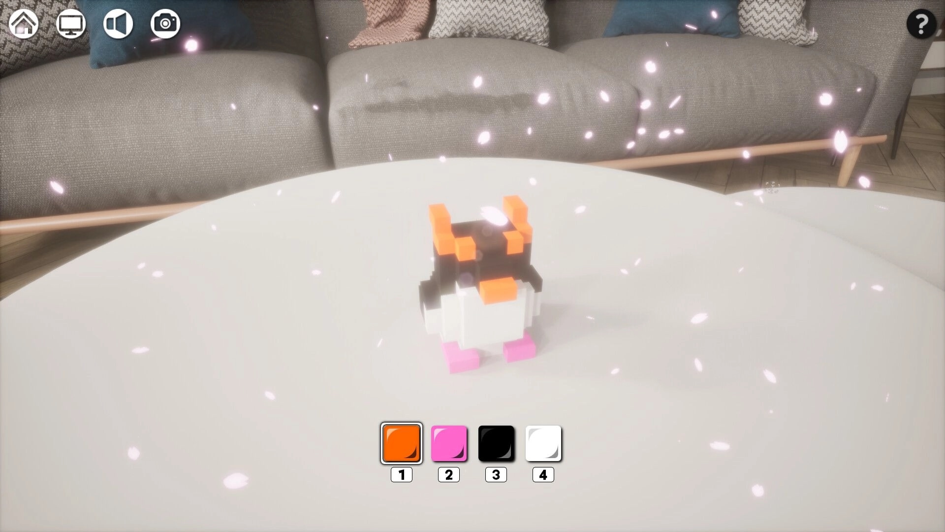 CrystalCanvas: Finished voxel penguin on a white table with color palette UI in a cozy living room.