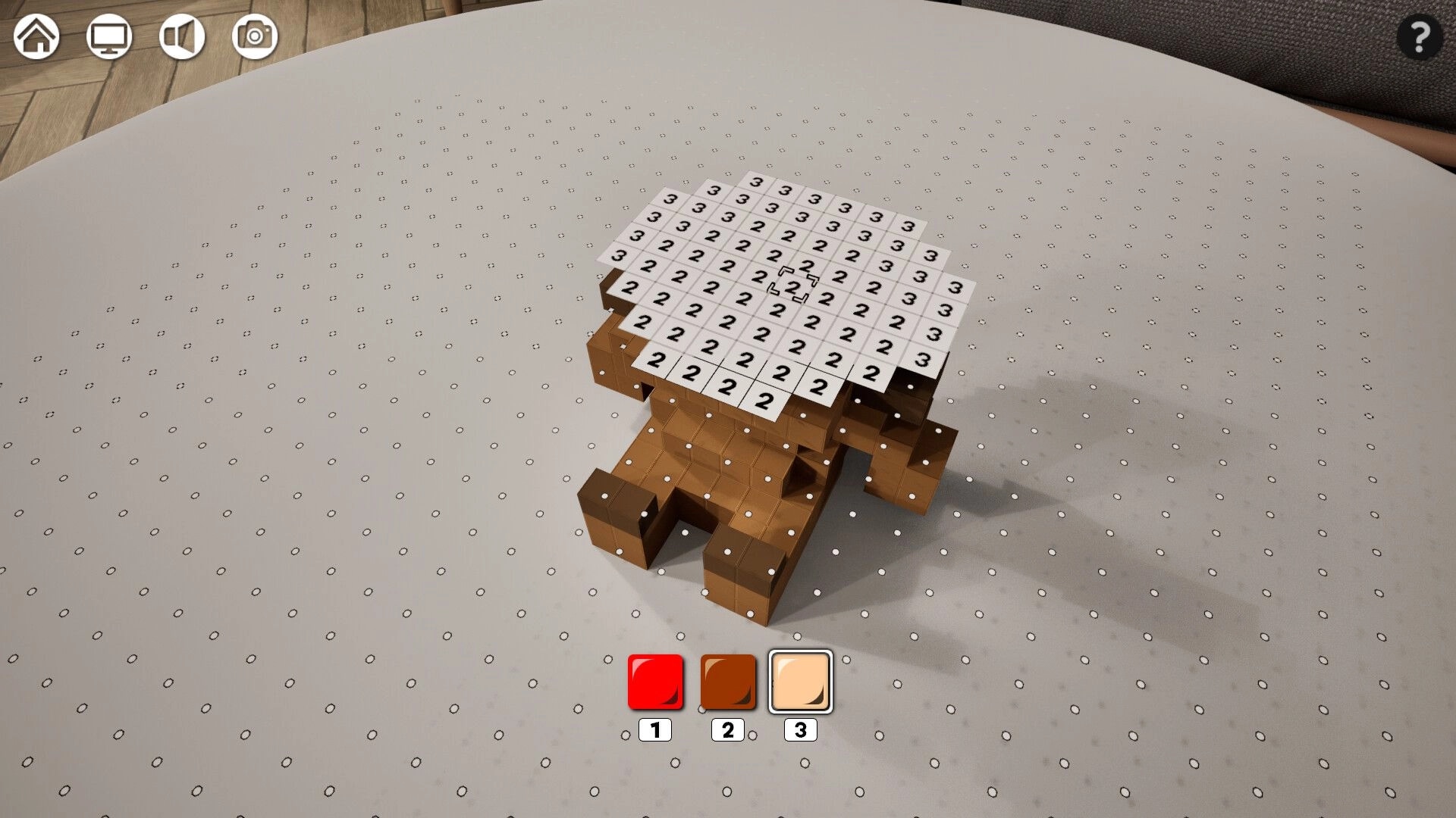 CrystalCanvas: Painting numbered voxel blocks on a small brown model on a dotted grid with color palette UI.