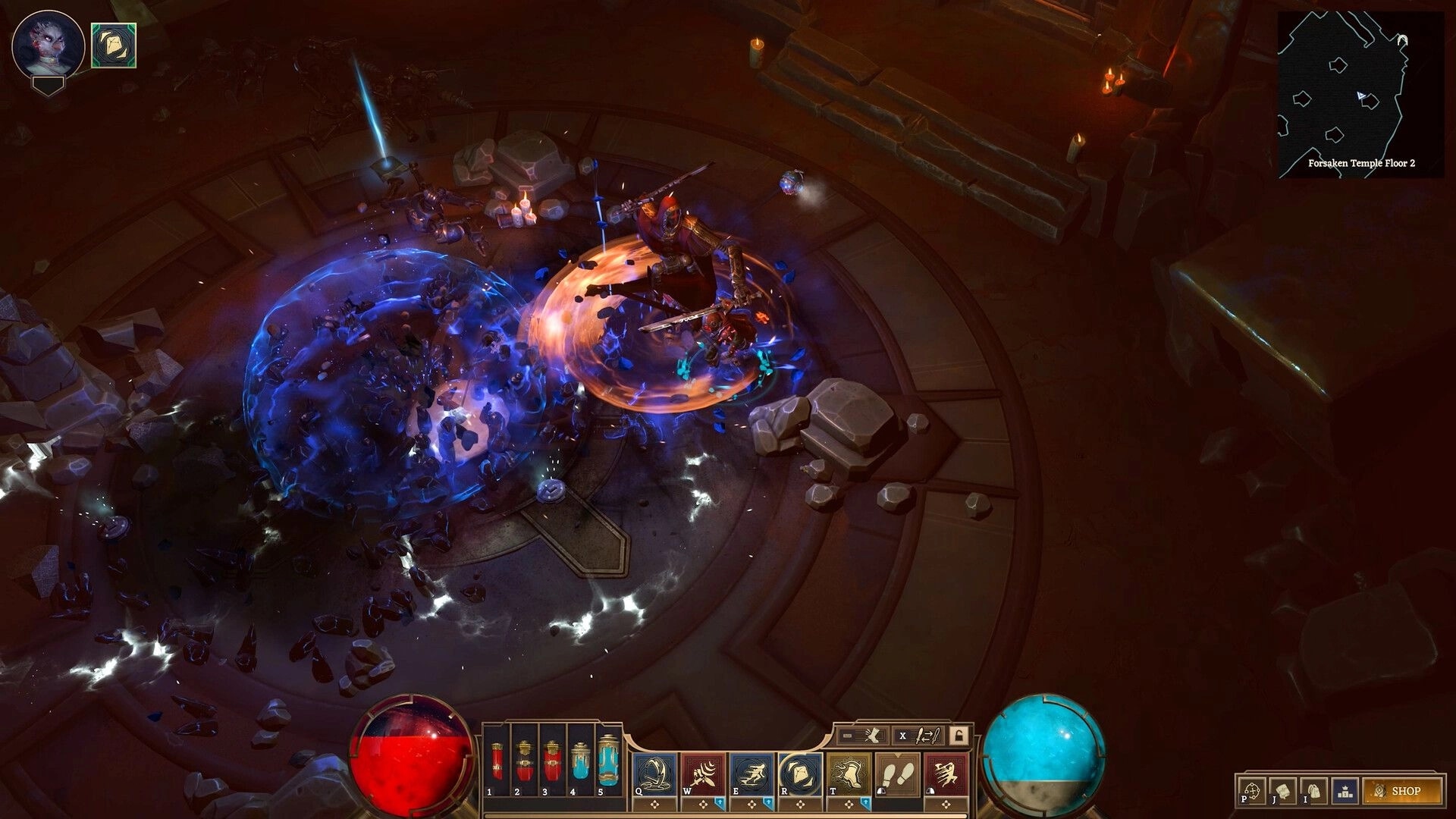 Crystalfall: Hero battling steampunk foes in glowing dungeon with health and skill bars visible
