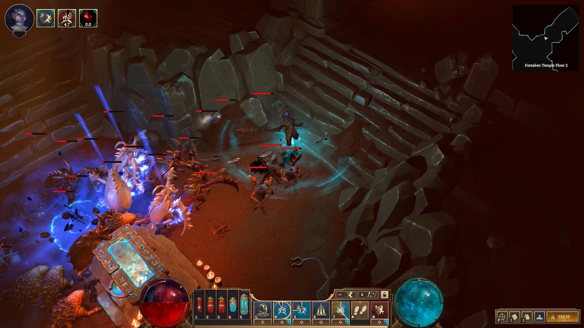 Crystalfall: Player battling steampunk creatures in cave with HUD showing health and skill icons