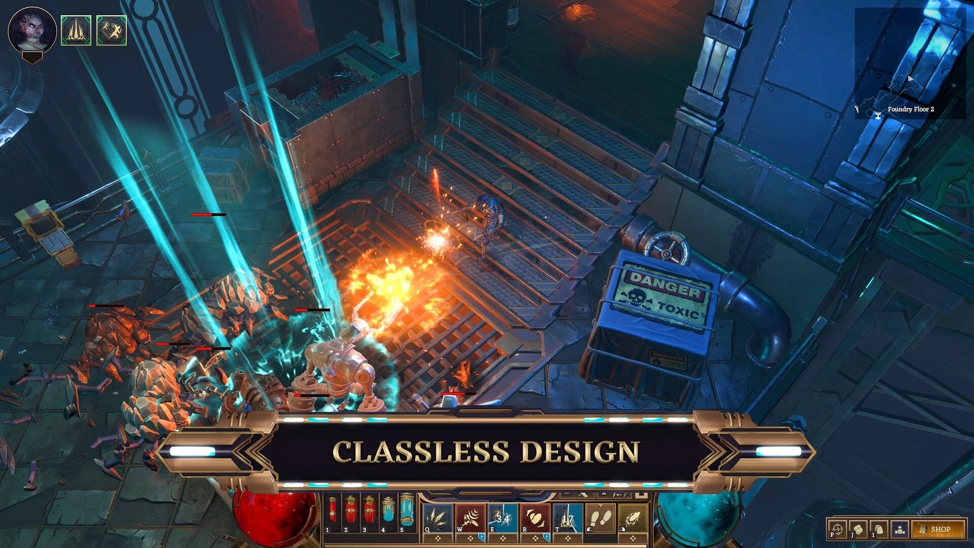 Crystalfall: Character fights steampunk enemies near "Danger Toxic" sign in industrial dungeon setting.