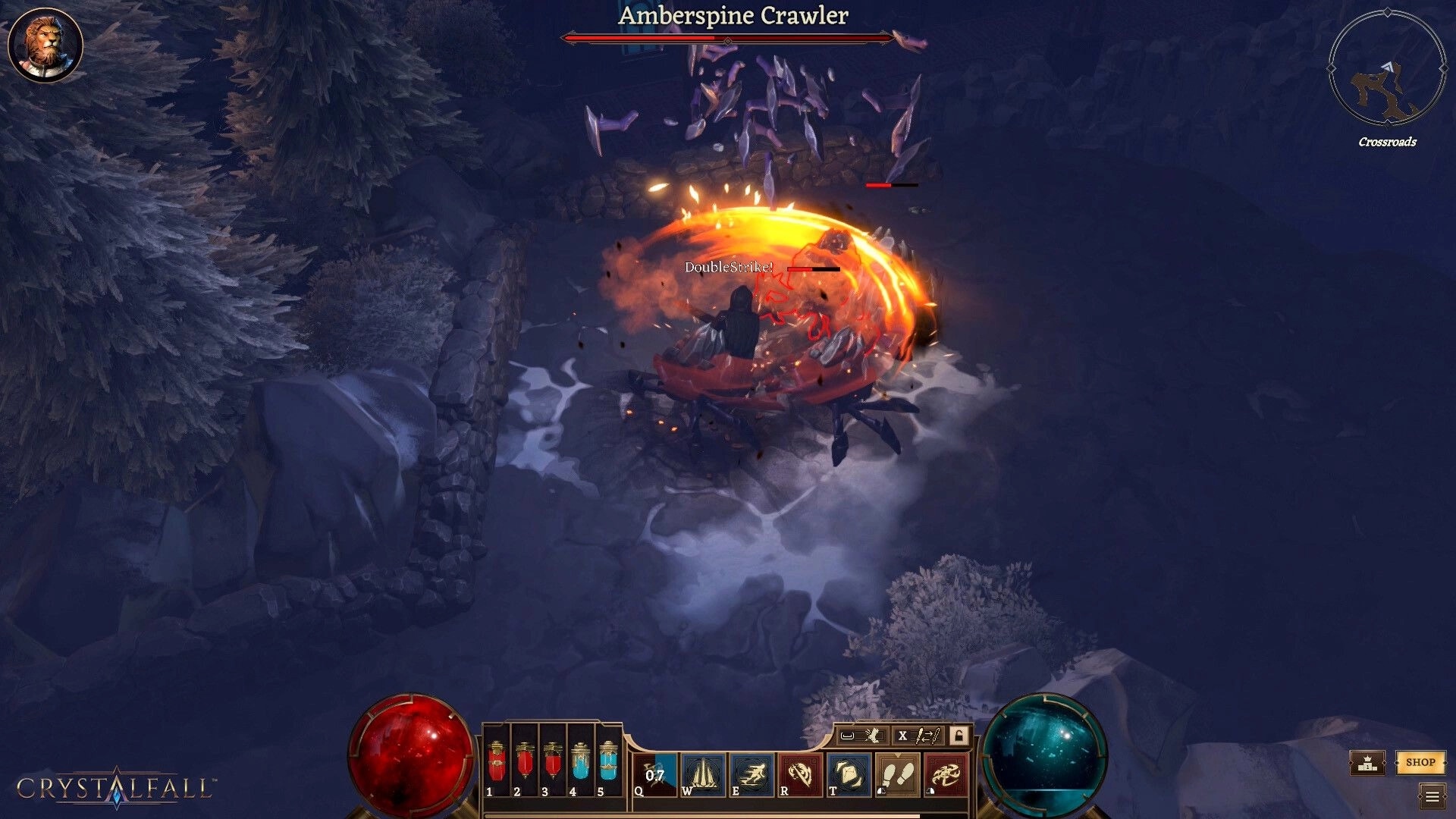 Crystalfall: Player performing a double strike against Amberspine Crawler in a dark forest clearing.