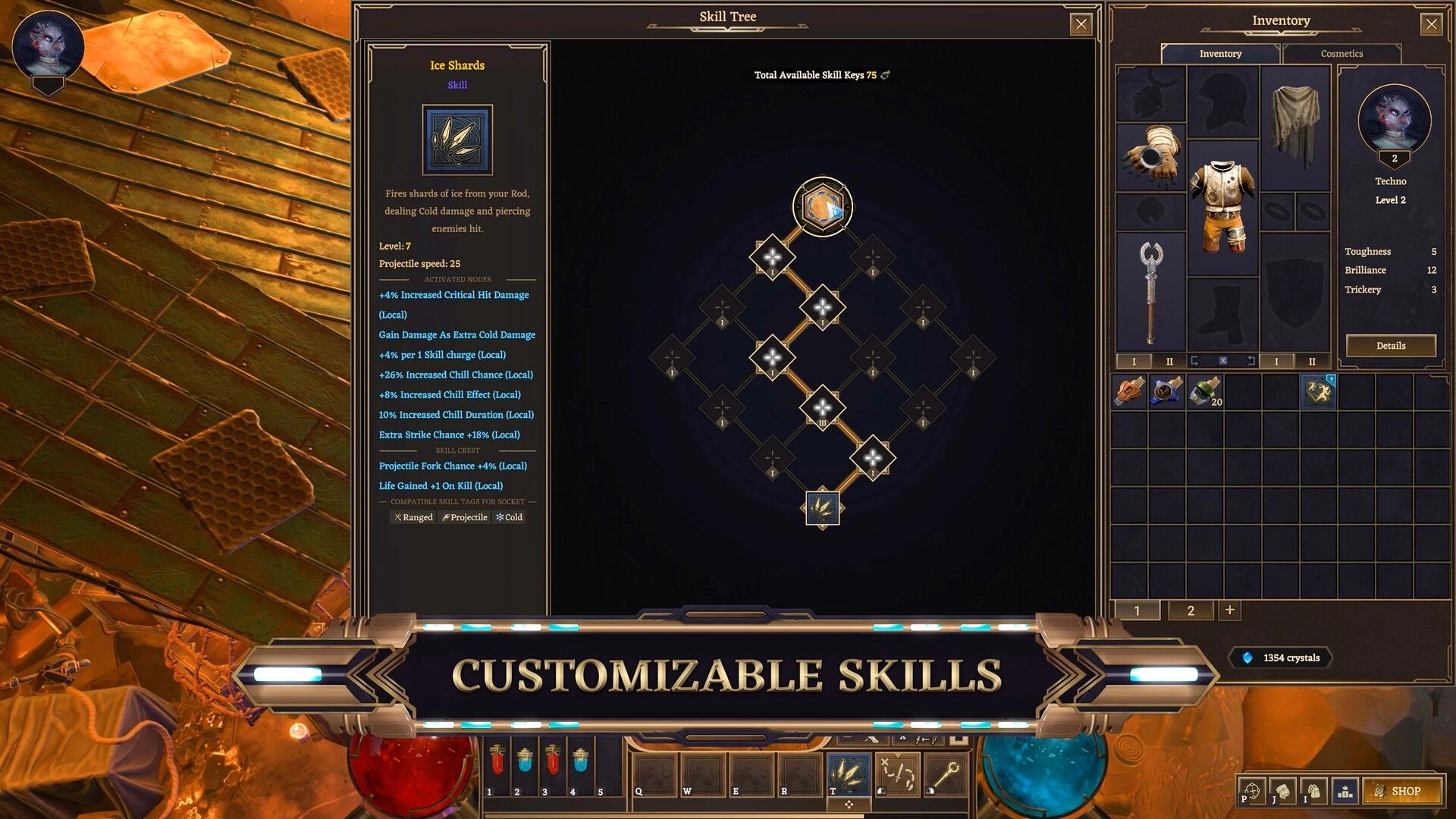 Crystalfall: Skill tree interface with Ice Shards skill details and inventory screen in steampunk setting