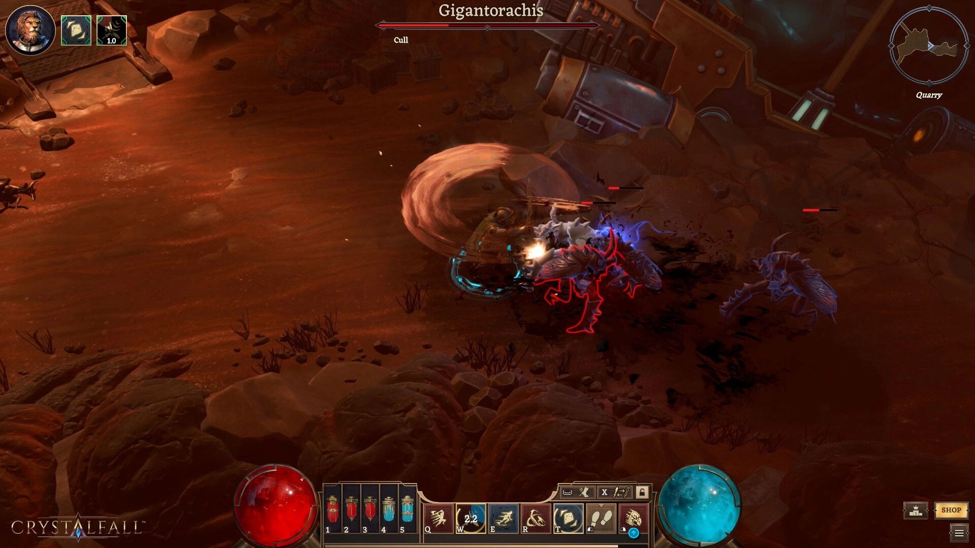 Crystalfall: Player battling Gigantorachis with skills in rocky quarry environment and UI visible