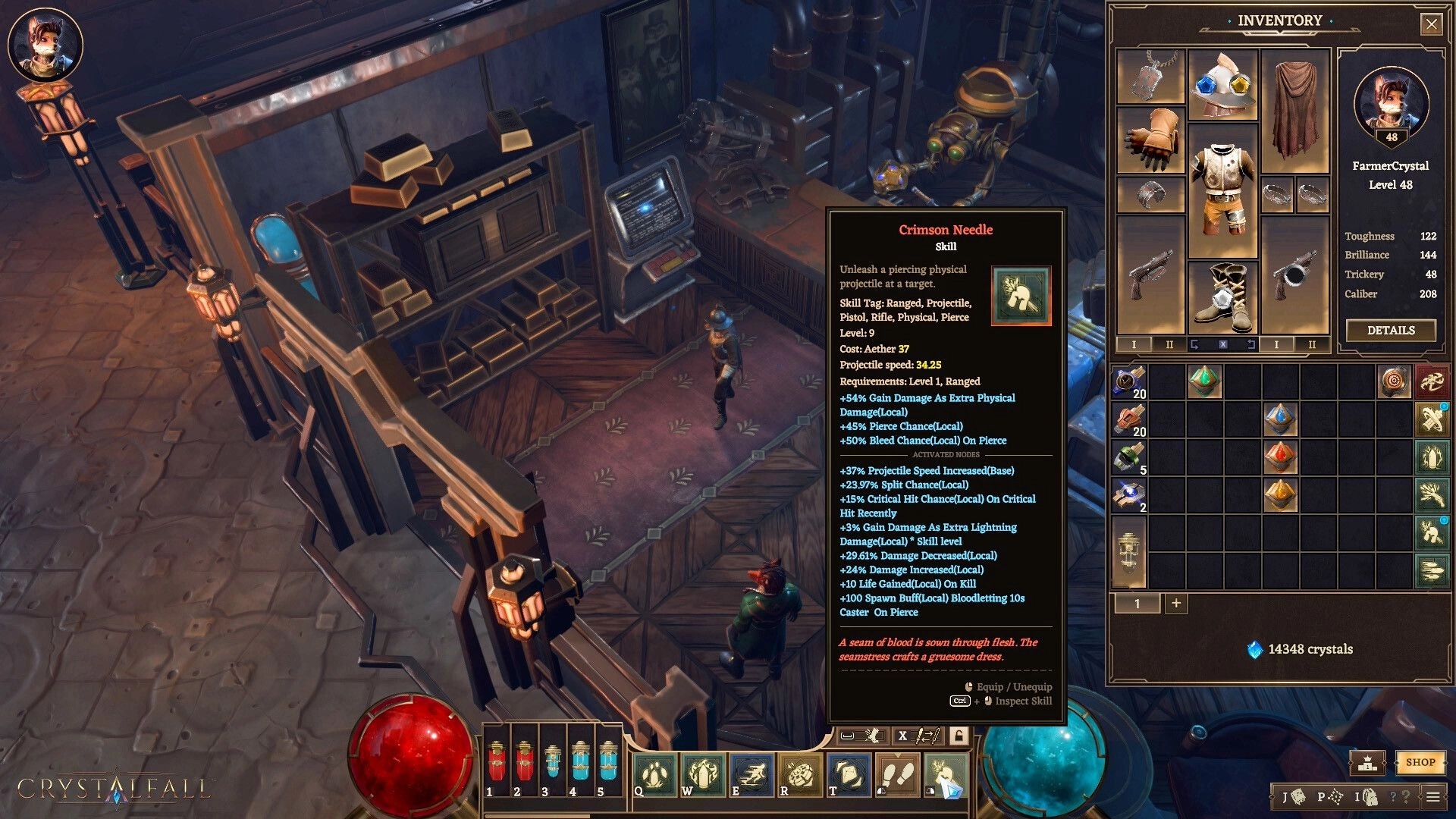Crystalfall: Character FarmerCrystal in workshop with inventory menu and skill details displayed