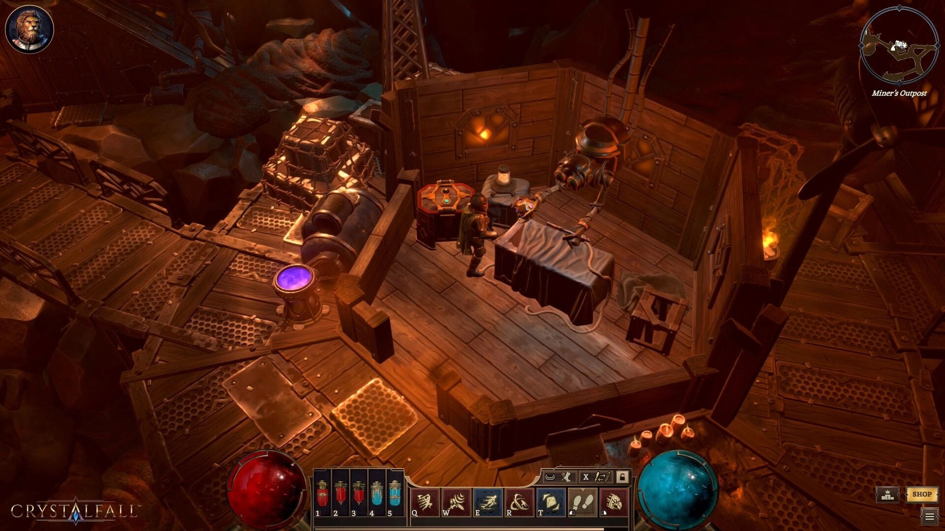 Crystalfall: Character crafting potion at alchemy station in wooden outpost with detailed UI elements