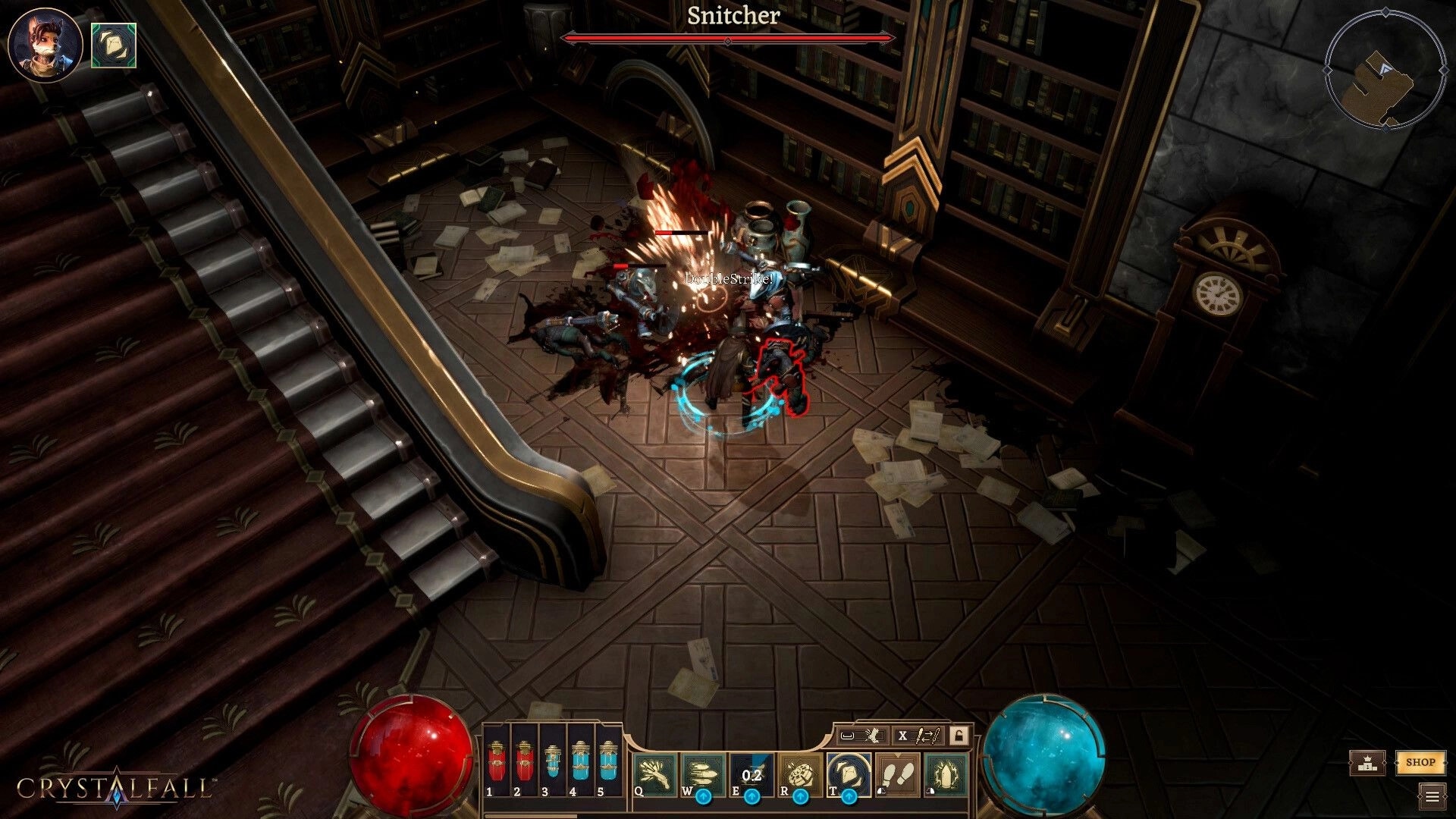 Crystalfall: Player battles Snitcher in a library, surrounded by scattered papers and steampunk foes.
