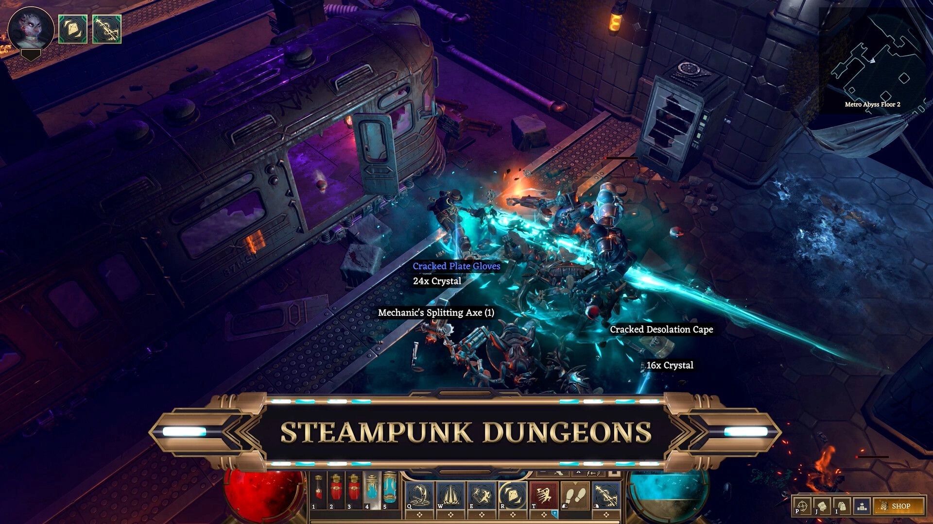 Crystalfall: Player battles steampunk enemies in Metro Abyss Floor 2 with loot and abilities displayed