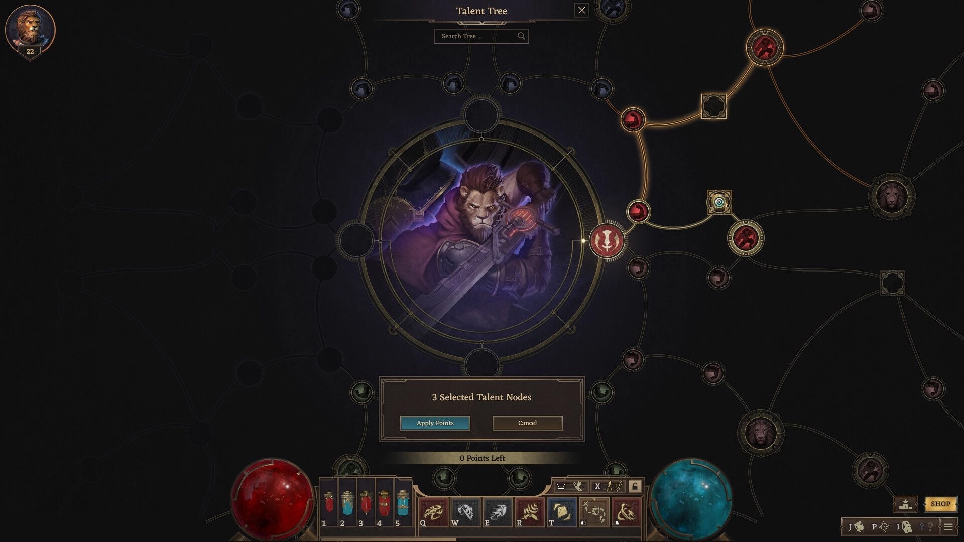 Crystalfall: Character talent tree interface with selected nodes and options to apply or cancel points