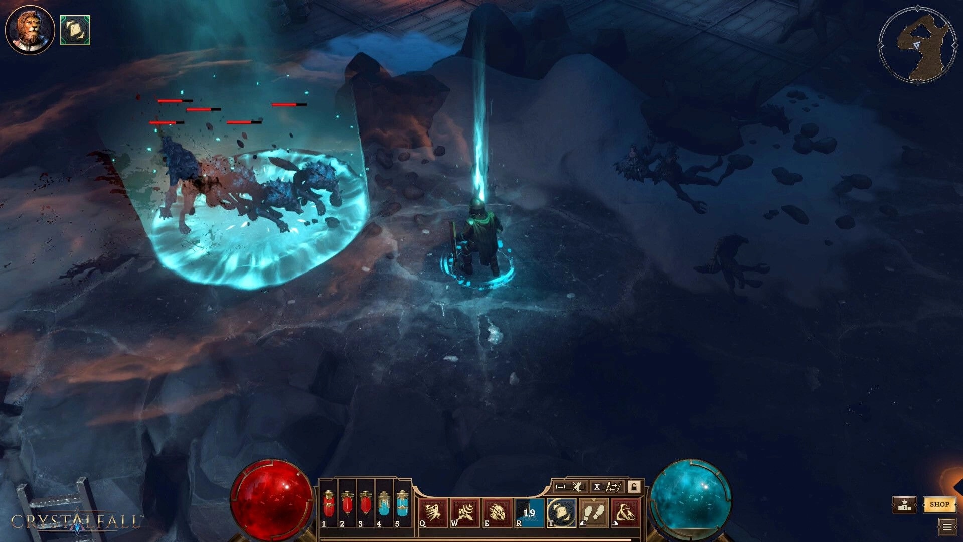 Crystalfall: Player casting ice spell on enemies in snowy landscape with health and mana bars visible
