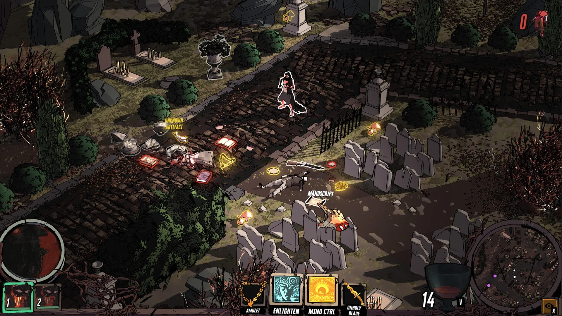 Cthulhu Keeper: Cultist in graveyard collecting artifacts and manuscripts amidst fallen enemies