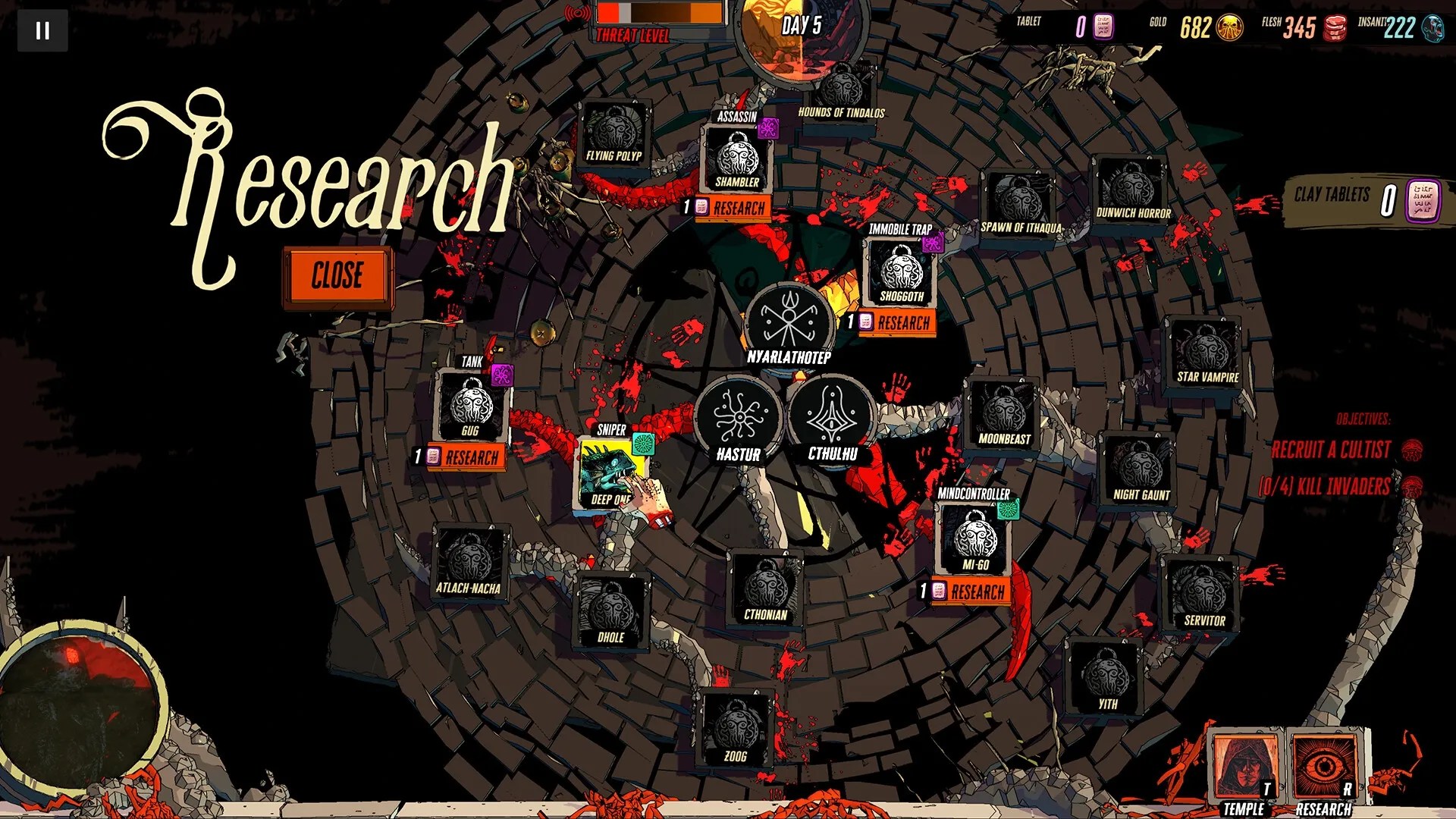Cthulhu Keeper: Research menu with eldritch entities and abilities, showing threat level and objectives