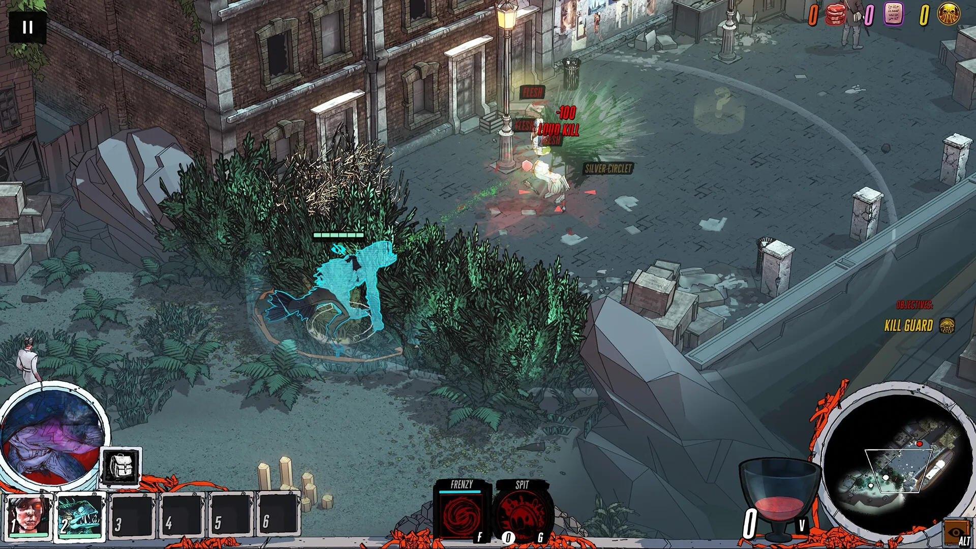 Cthulhu Keeper: Stealthy cultist ambushes guard near an old brick building under a dim streetlight.