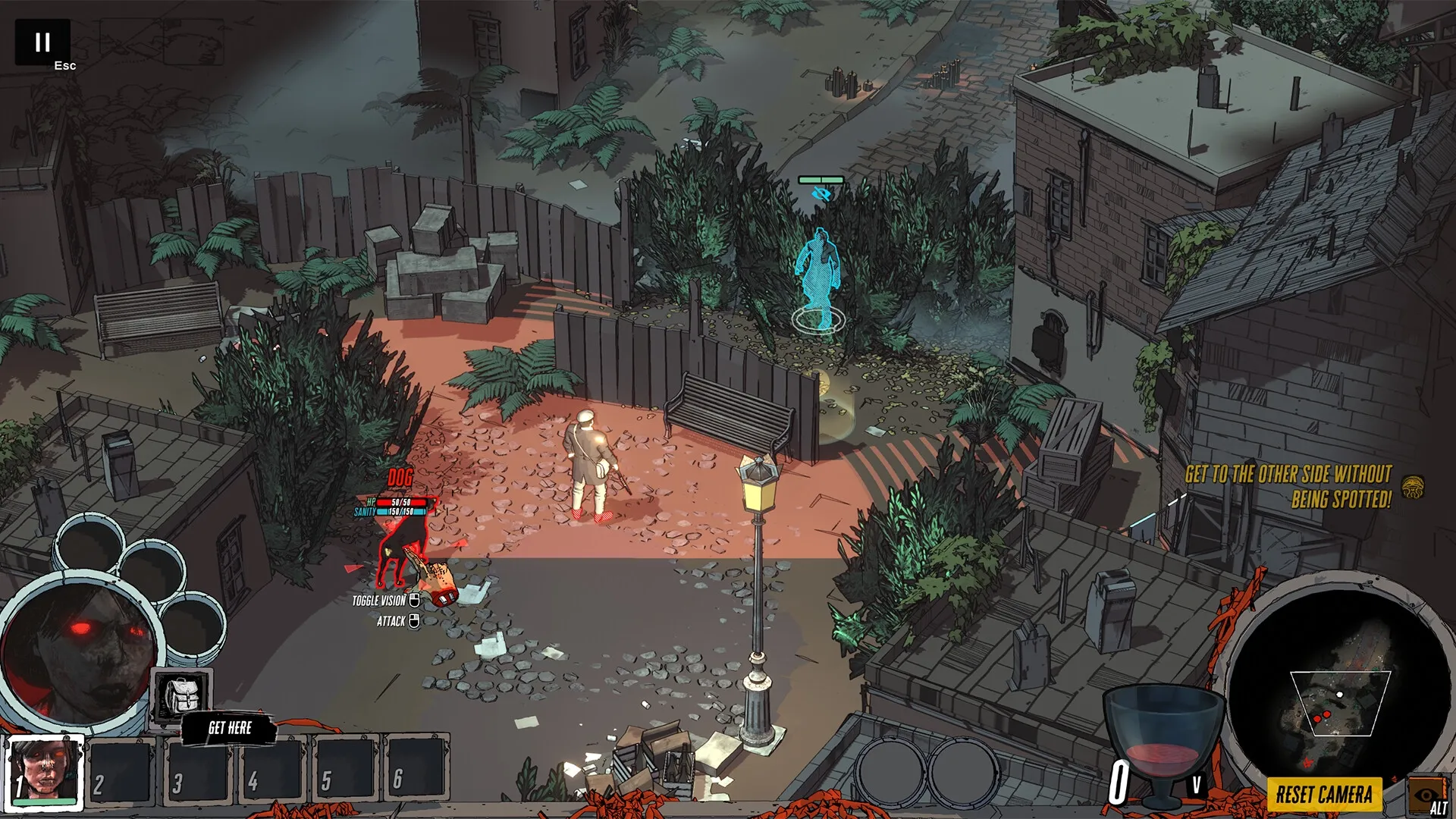 Cthulhu Keeper: Stealth mission with cloaked figure and enemy dog in abandoned urban street setting