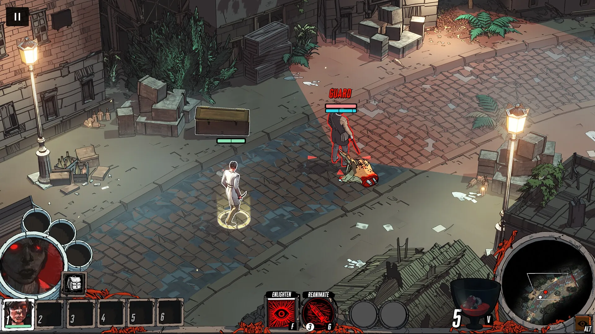Cthulhu Keeper: Cultist confronting guard in cobblestone alley with strategic UI elements and minimap.