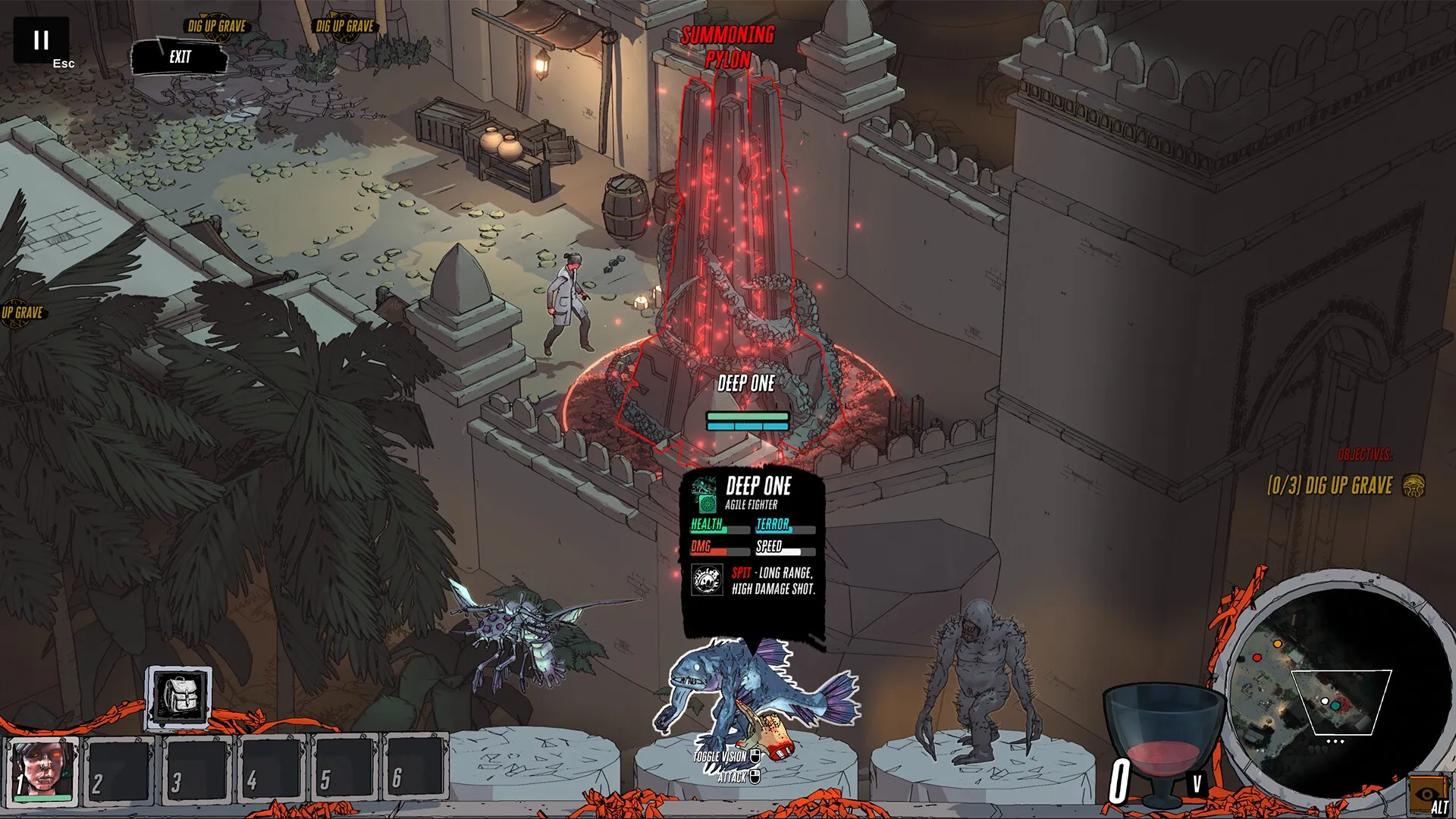 Cthulhu Keeper: Summoning Deep One at pylon in ancient courtyard with UI elements and objectives visible.