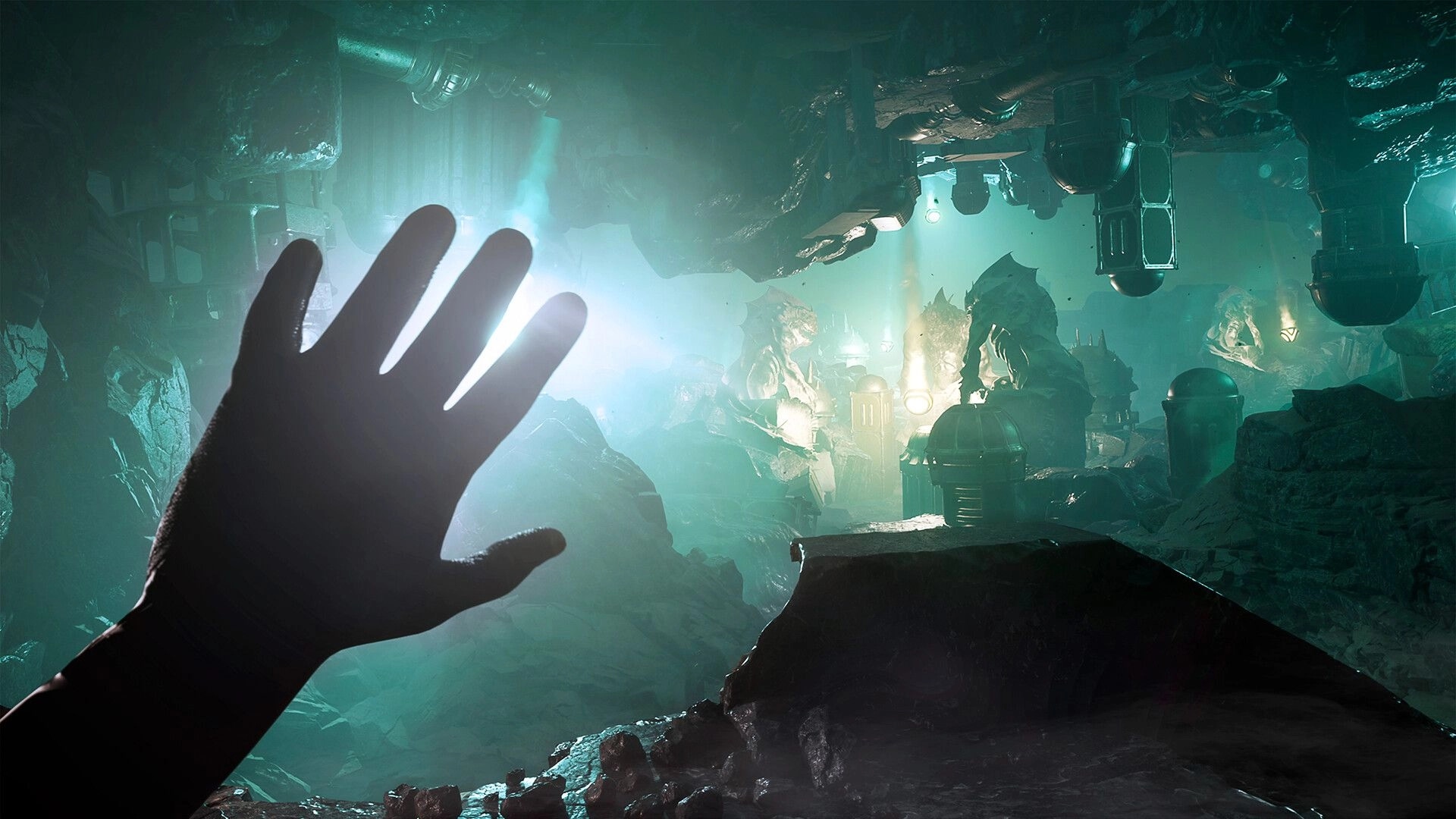 Cthulhu: Outstretched hand reaches toward blinding light in a flooded cavern with hanging machinery.