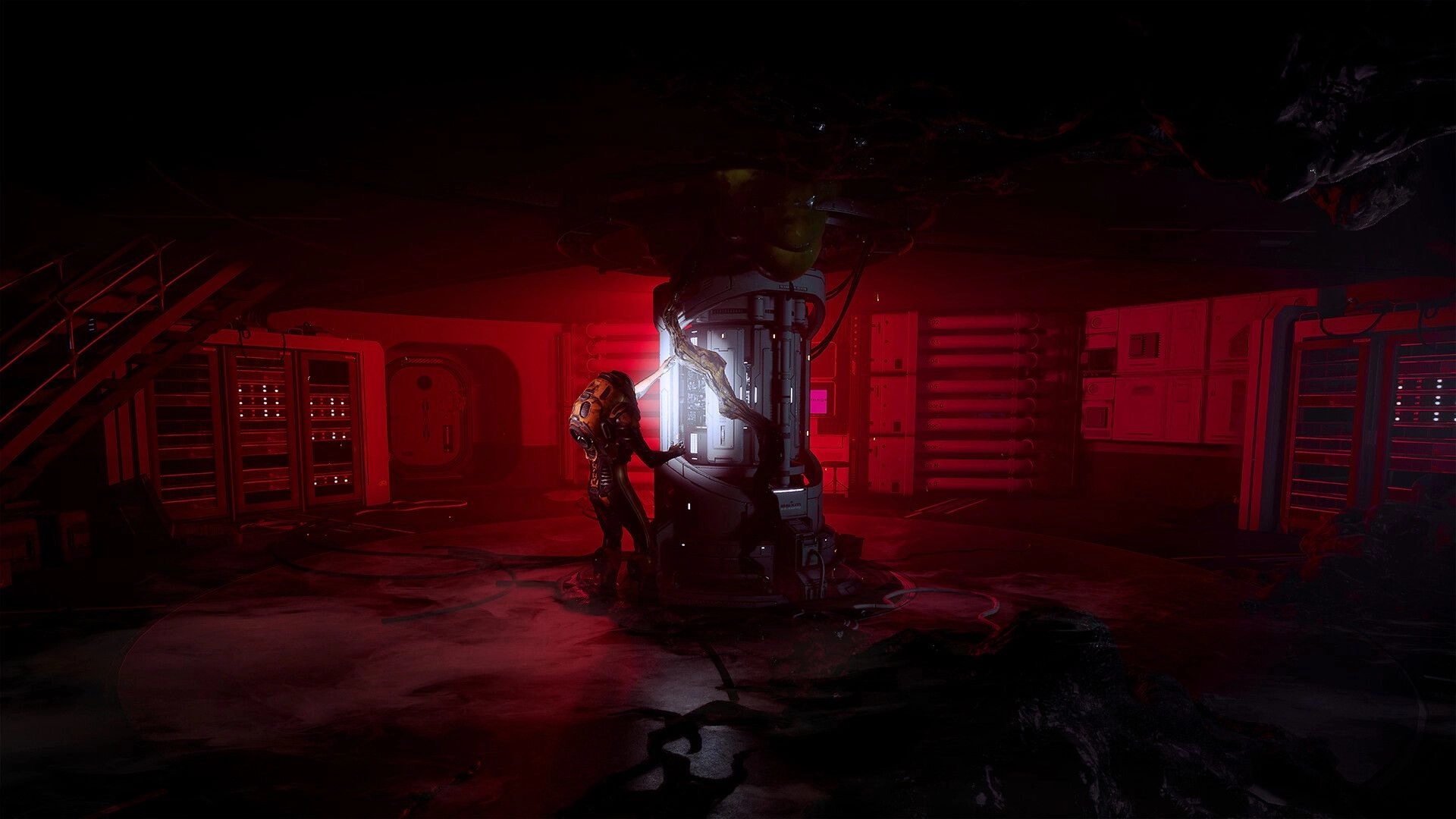 Cthulhu: Suited investigator examines a glowing cylinder amid red warning lights in a lab room.
