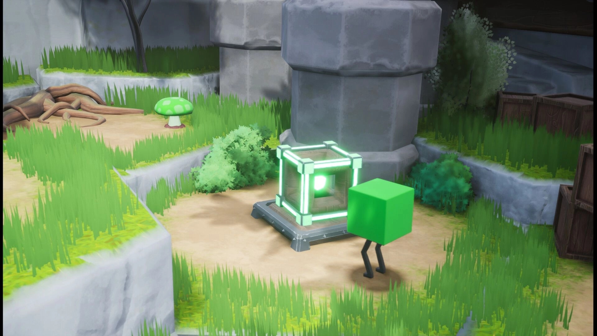 Cube's Quest: Green cube approaches glowing puzzle cube in lush grassy canyon with stone pillars