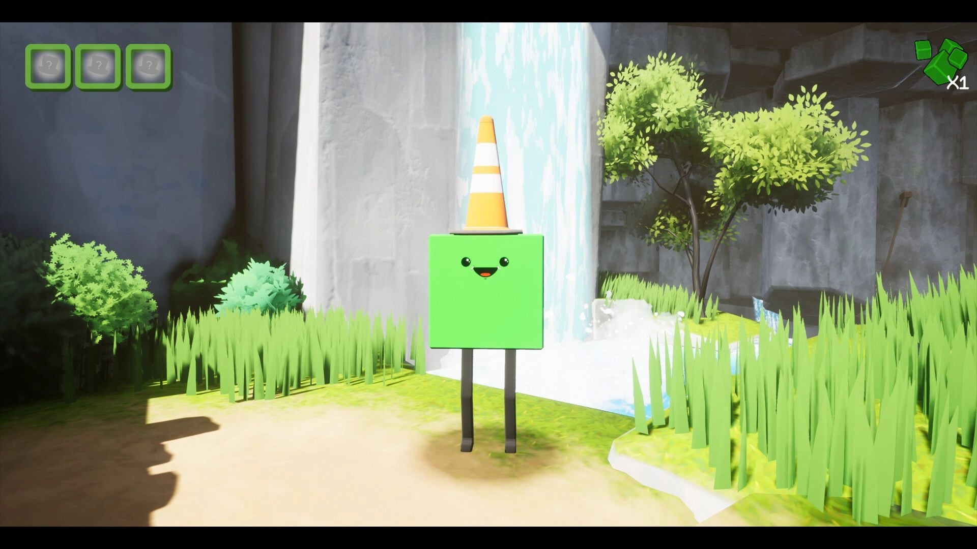Cube's Quest: Cheerful green cube with cone hat near waterfall and lush greenery in a serene forest.