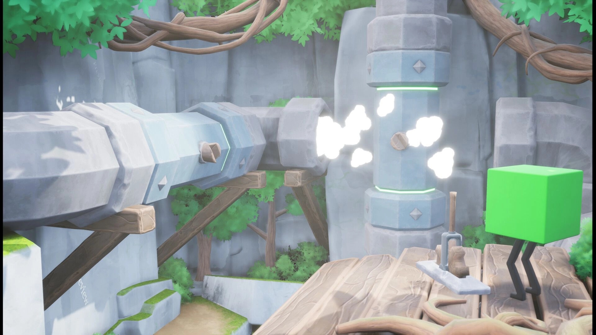 Cube's Quest: Green cube character activates lever in lush forest with stone structures and steam pipes.