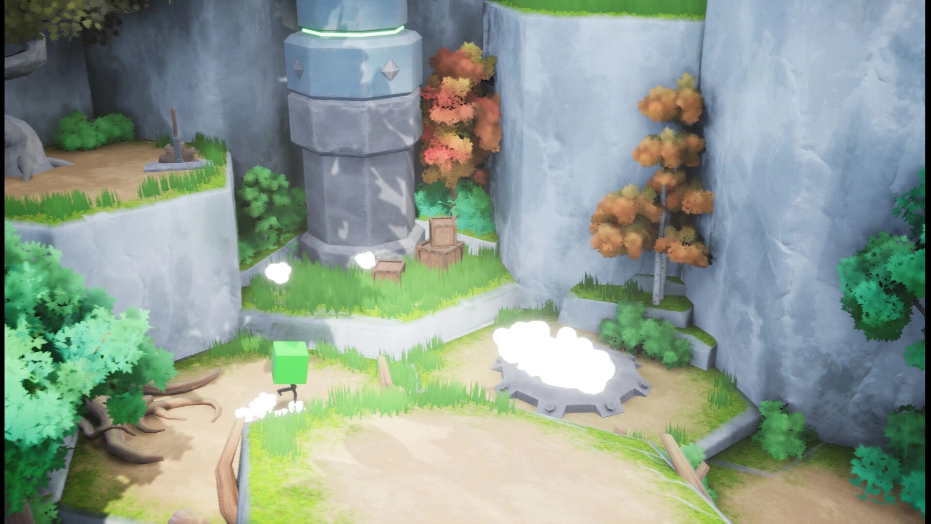 Cube's Quest: Green cube explores lush canyon with stone pillar and autumn trees