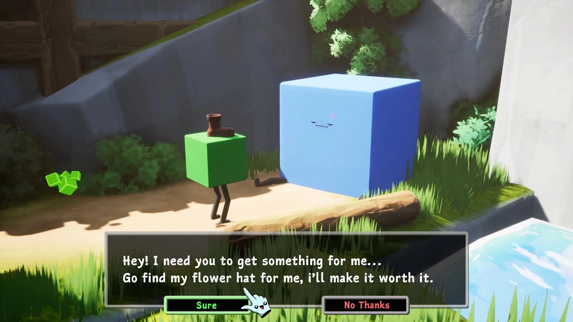 Cube's Quest: Green cube converses with blue cube in grassy area with dialogue choice options visible.
